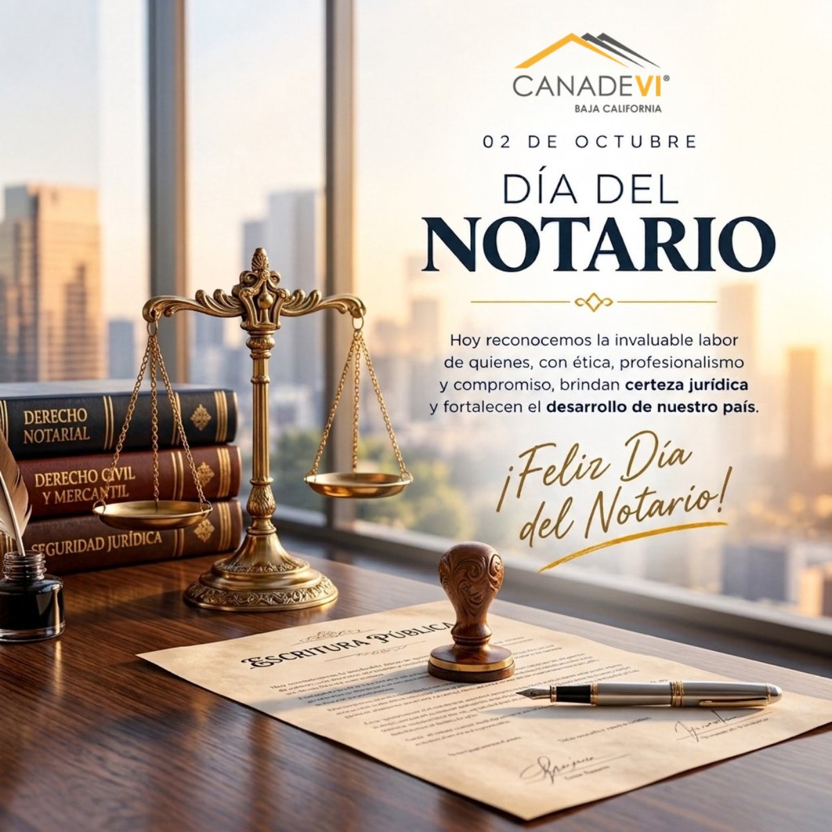 CanadeviBCN's tweet photo. ⚖️ 𝟮 𝗱𝗲 𝗼𝗰𝘁𝘂𝗯𝗿𝗲 | 𝗗𝗶́𝗮 𝗱𝗲𝗹 𝗡𝗼𝘁𝗮𝗿𝗶𝗼

En CANADEVI BC reconocemos y felicitamos a las y los notarios por su importante labor en la certeza jurídica, la legalidad y la seguridad patrimonial.

¡Feliz Día del Notario!

#CANADEVIBC #DíaDelNotario #SectorVivienda https://t.co/gLUGbumeRG