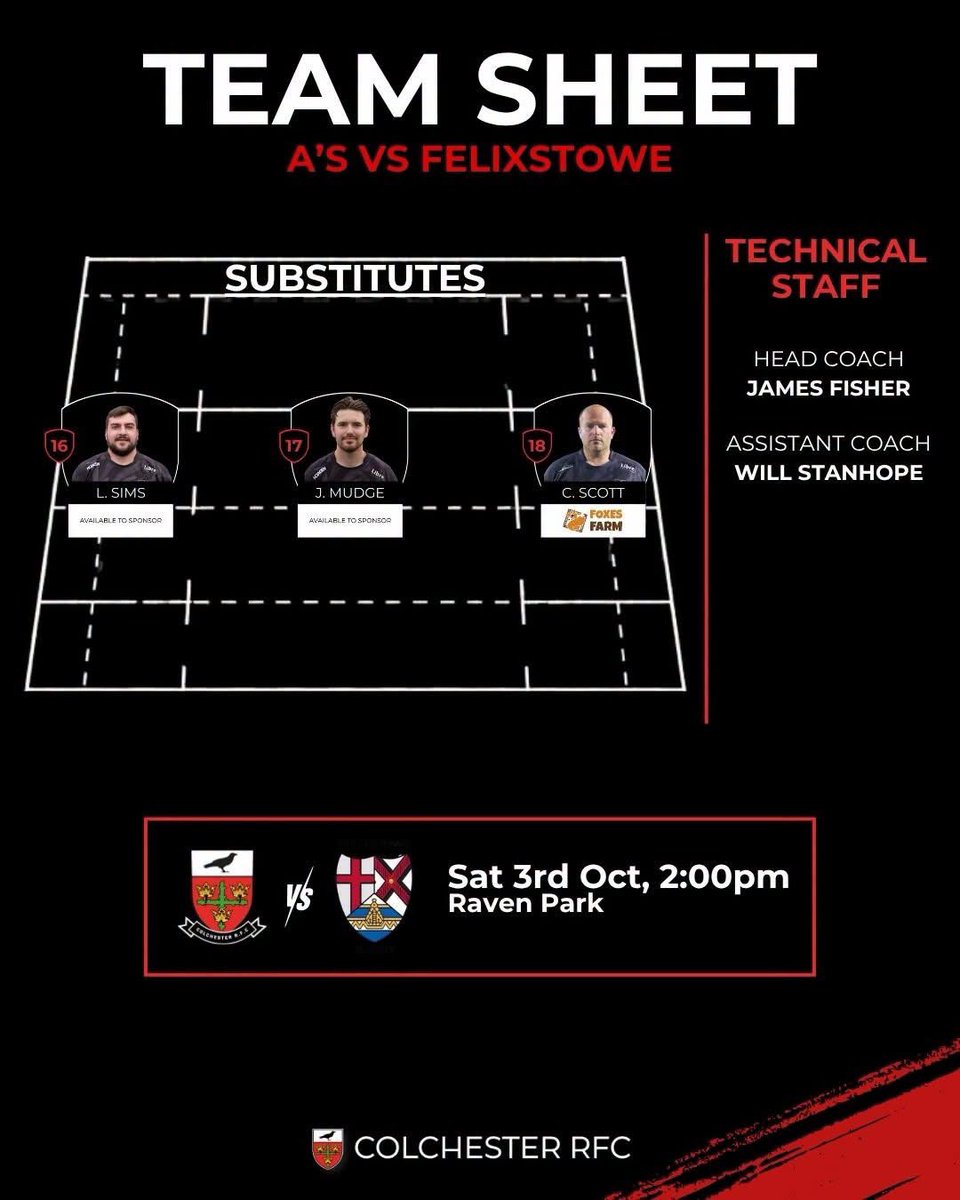 ColchesterRFC's tweet photo. And here’s how your A’s and Cavaliers line-up this weekend! 🙌🏼

A’s
🆚 Felixstowe Rugby 
📍 Raven Park
⏰ 2:00PM

Cavaliers
🆚 Felixstowe Rugby 
📍 Felixstowe RFC
⏰ 3:00PM

#ComeOnCol #Colchester #ColchesterRugby #Rugby #RugbyLife https://t.co/wlNbI64FVU