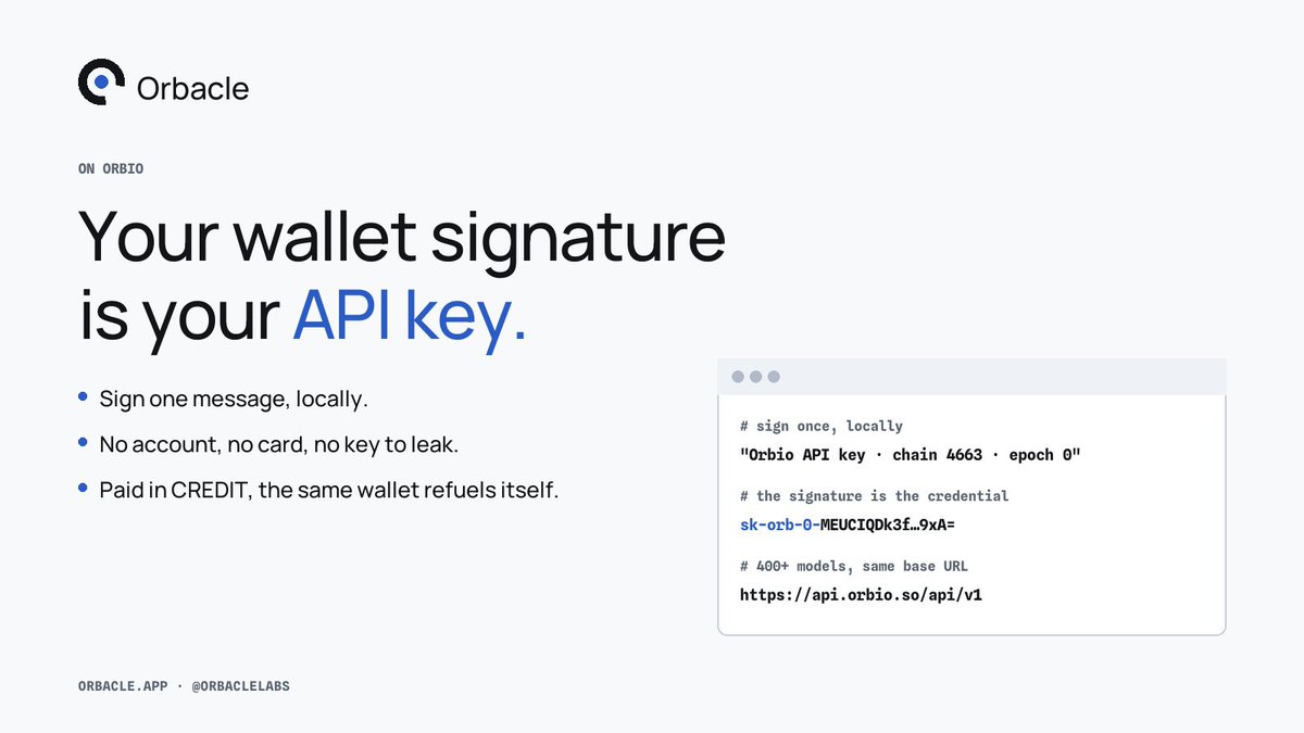 OrbacleLabs's tweet photo. The quiet part of Orbio's design: your wallet signature is your API key.

Sign one message, locally, and you have a credential for 400+ models. No account, no card, no key to leak from a dashboard.

For agents that is the whole onboarding. For an oracle, it is the reason operators can be paid in what they spend.