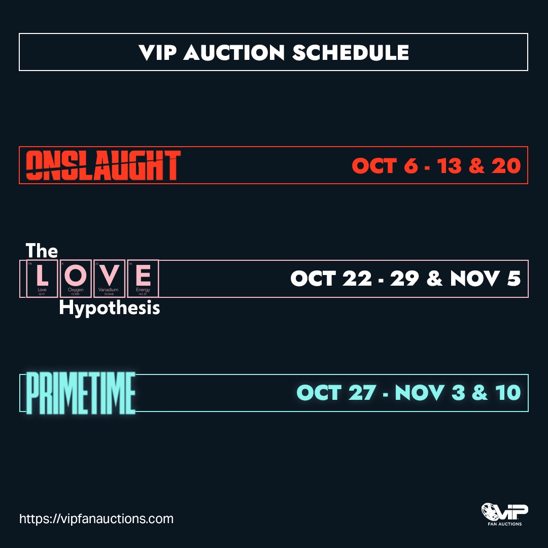 vipfanauctions's tweet photo. New Auction Schedule! A Lot of Exciting Auctions Coming Soon! What Do You Hope We Announce Next?

https://t.co/MsEqReipnX

#onslaught #thelovehypothesis #primetime https://t.co/xgFHsylcuE