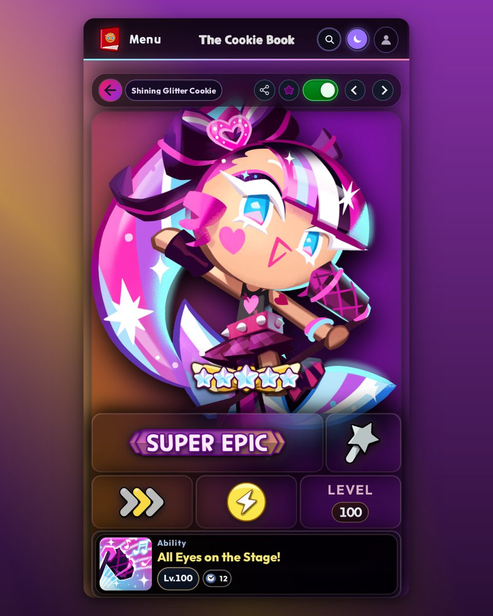 The_Cookie_Book's tweet photo. ✨ Cookie of the Day: Shining Glitter Cookie

All eyes on the stage! She clears her own debuffs and powers up allies with Glittering Rock Spirit.

Team Rockstar or Team Shining Glitter? 🎤
https://t.co/WncHrQJ0jl

#CRK https://t.co/FROmPHVzYj