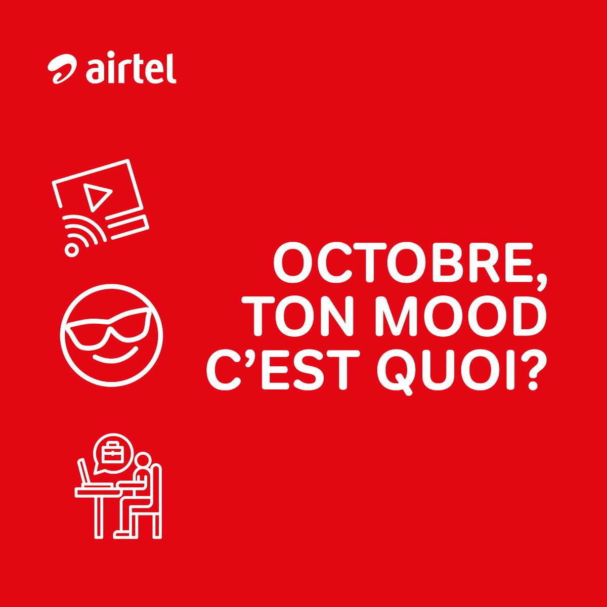 airtelrdc's tweet photo. Premier vendredi d’octobre !

On veut connaître ton mood pour ce week-end :

😴 Repos total
🎬 Streaming
⚽ Match entre amis
💼 Je travaille encore

Choisis ton camp en commentaire. Tout est permis ce vendredi !

#AirtelRDC #Octobre #BonWeekend #VendrediToutEstPermis #WeekendMood https://t.co/oRoKzcwxeh