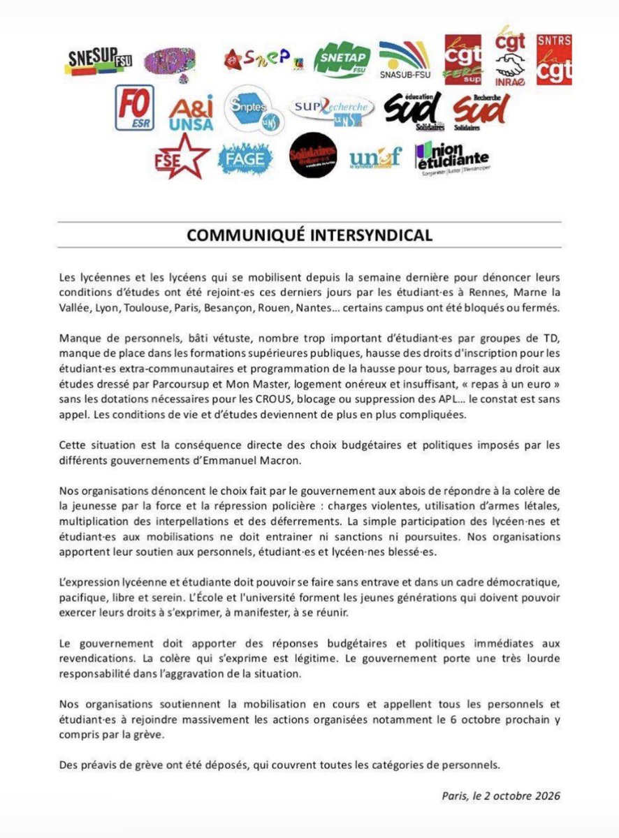 ericcoquerel's tweet photo. Cet appel unitaire de tous les syndicats pour soutenir les revendications des lycéen-nes et appeler à manifester le 6 octobre est historique ! 
Ça va faire beaucoup comme proxys @SebLecornu non ? https://t.co/DixdqiD1E3