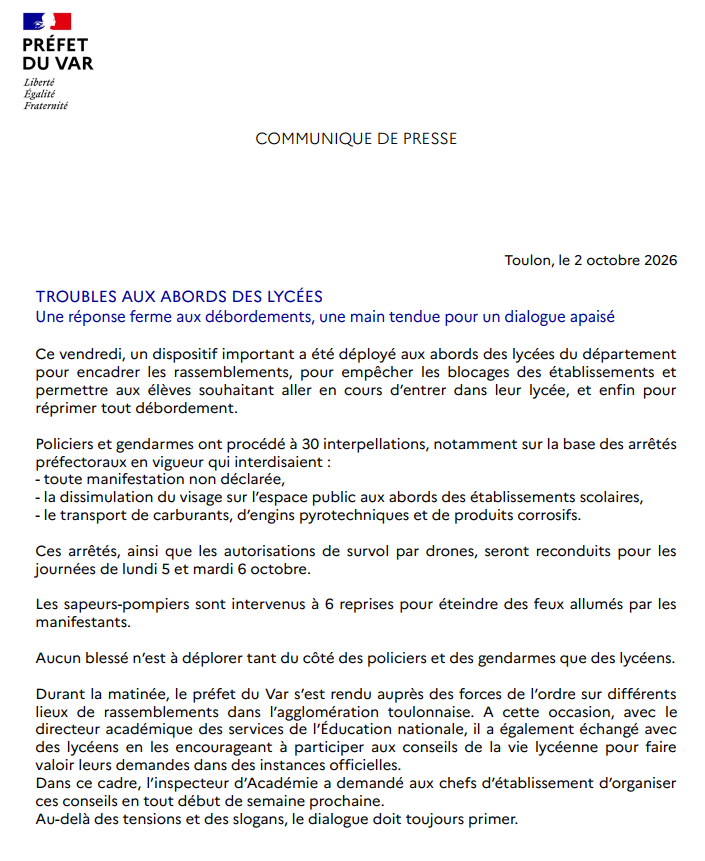 Image de Préfet du Var : #Sécurité | Troubles aux abords des lycées dans le #Var : Une réponse ferme aux débordements et une