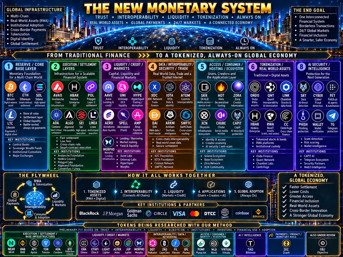MurkinSeasonVol's tweet photo. 🚨 TOKENS I’M RESEARCHING NEXT FOR THE NEW MONETARY SYSTEM

I’m not just looking at price action.

I’m running these through the same method:

Trust.
Interoperability.
Liquidity.
Always-on infrastructure.
Real-world use.
Banks + institutions.
Investors + early backers.
Financial executives + founders.
Production adoption.
Payments.
Settlement.
Tokenization.
AI + identity + data.

Next on the research board:

$NEAR $BNB $ZEC $ENA $PUMP $WLD $TAO $DOT $ZRO $XPL $FIL $VIRTUAL $ASTER $TON $LIGHT $APT $ETHFI $ETC $JUP

And a few others I’m still verifying before I place them into the foundation.

The goal isn’t to collect every coin.

The goal is to figure out which projects actually provide a necessary piece of the infrastructure for a tokenized, interconnected, 24/7 global financial system.

Some will make the foundation.

Some will fit a supporting layer.

Some won’t make the cut at all.

Research first. Position accordingly. DYOR. 🌎🔗💧🏦⚡