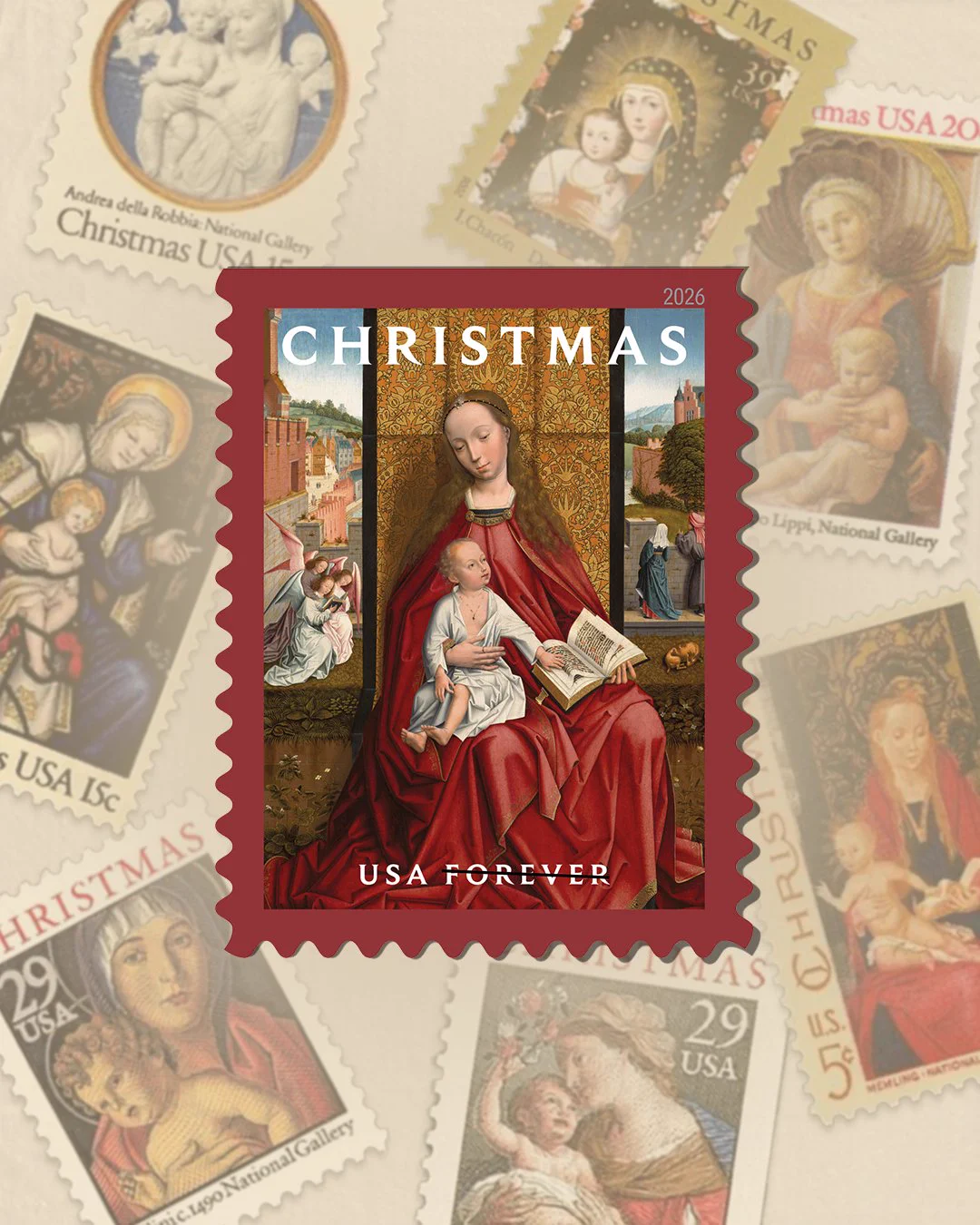 An array of previously issued Madonna and Child stamps behind the 2026 Madonna and Child stamp.