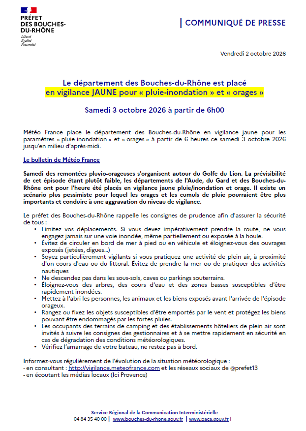 Image de Préfet de la région Provence-Alpes-Côte d'Azur : ⚠️#METEO13
Le département des #BouchesduRhone est placé en #vigilancejaune ⛈️#orages et #pluieInonda