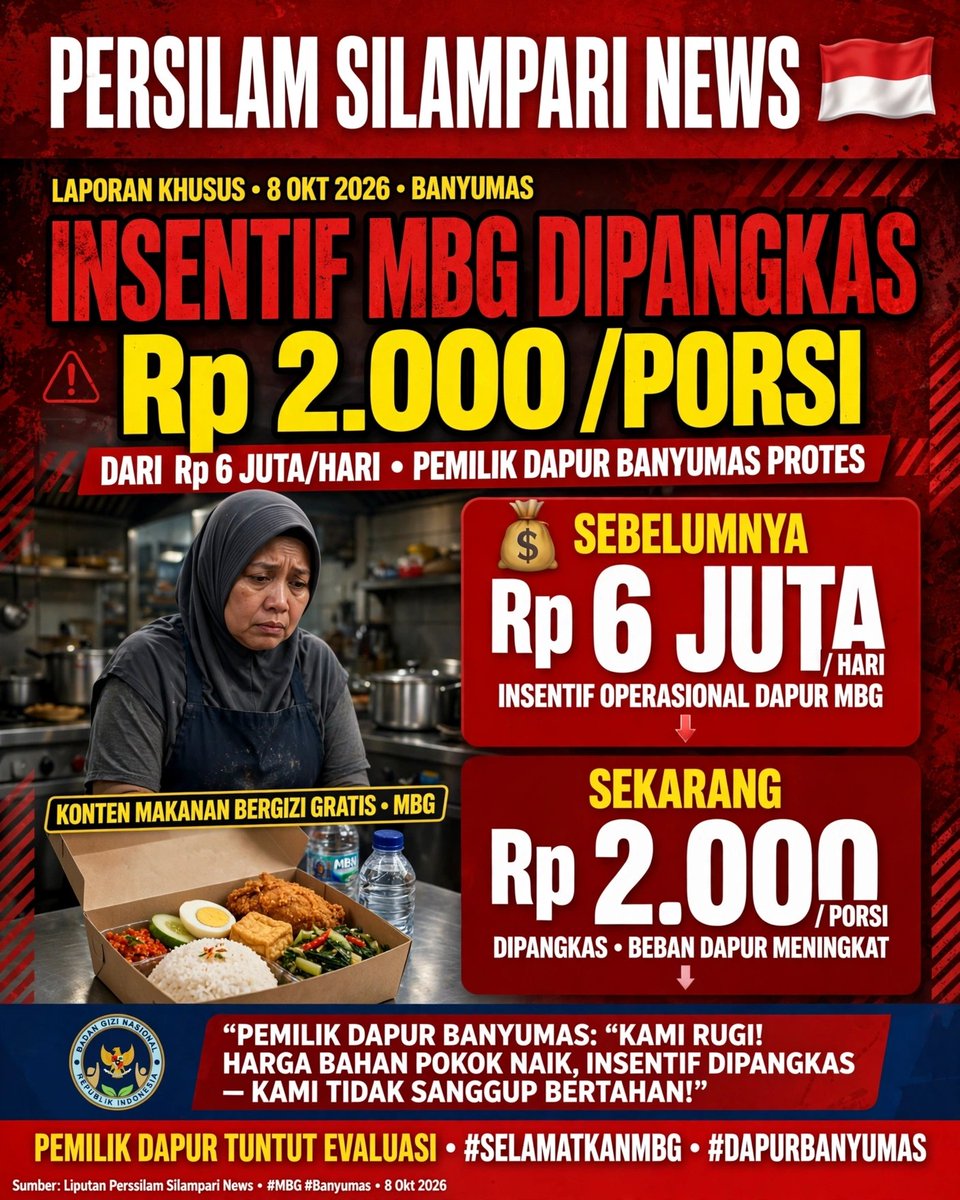 perssilam2022's tweet photo. 🍱💸 Insentif MBG dipangkas!

Dulu Rp 6jt/hari FLAT, mulai 5 Okt 2026 jadi Rp 2rb/porsi!

1000 porsi: 6jt ➡️ 2jt/hari 📉
Suspend/libur = 0! ⛔

BGN: lebih proporsional! Banyumas protes! 😡

Adil gak boss? 👇 #MBG #BGN #BreakingNews https://t.co/q3ukByXULS