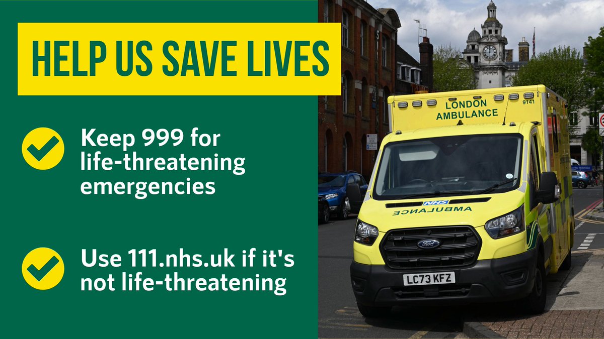 Ldn_Ambulance's tweet photo. #TeamLAS are here for you this weekend if you really need us. Use NHS 111 for urgent medical help.

999 is for life-threatening emergencies like serious road traffic accidents, strokes and heart attacks. https://t.co/7lekoH2NJ5