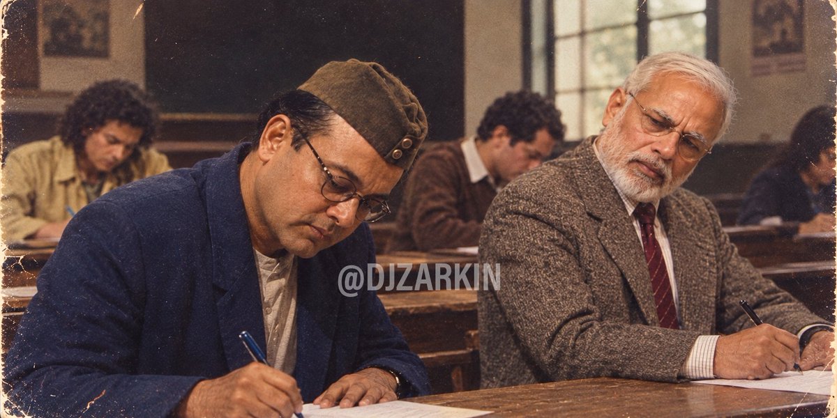 DJZARKIN's tweet photo. ~ A rare picture of Netaji Subhas Chandra Bose and his classmate, Modiji, facing their Sanskrit examination in 1920 😜 https://t.co/5UoNG8VH6x