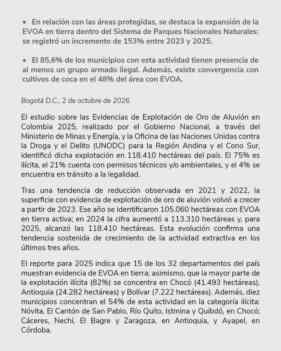 MinEnergiaCo's tweet photo. Nuevos datos revelan la dimensión de la explotación de oro de aluvión en Colombia. 

En 2025 se identificaron 118.410 hectáreas con esta actividad, un 4,5 % más que en 2024.

El informe, elaborado junto con UNODC, aporta evidencia para orientar acciones que protejan el ambiente y las comunidades y fortalezcan la presencia del Estado en los territorios.

Durante la socialización del informe, la ministra @mn_arboleda destacó tres frentes importantes a atender:

⛏️ Formalizar, con rutas viables y acompañamiento para quienes tienen vocación de legalidad.
⛏️ Perseguir las estructuras criminales y cerrar las rutas financieras y comerciales del oro ilícito, fortaleciendo su trazabilidad.
⛏️ Recuperar los territorios afectados y avanzar en la restauración de los pasivos ambientales.

🔗 Conoce los principales hallazgos y las acciones planteadas en el comunicado completo 👇🏼
https://t.co/DCP6Tnq68N