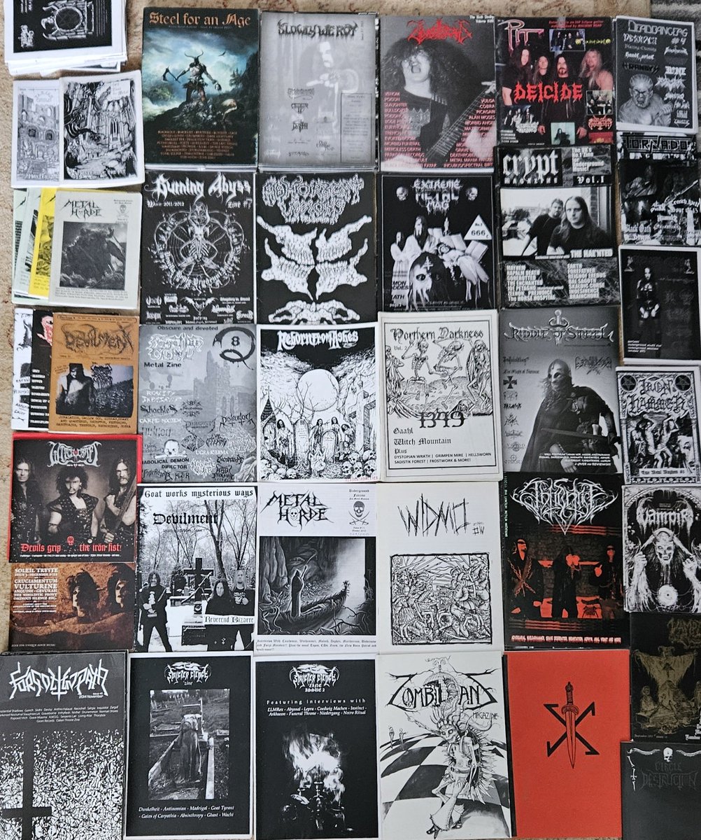 MrLeeDragon's tweet photo. Just dug out a stack of Metal 'zines.
Completely forgot I still had these.
They range from yer standard b&w copied pages, to full on pro-looking stuff. 🤟💀
 All focus on the underground extreme metal scene.

These are for sale, but can't see me bothering to eBay list 'em. Is anyone even interested in fanzines anymore?