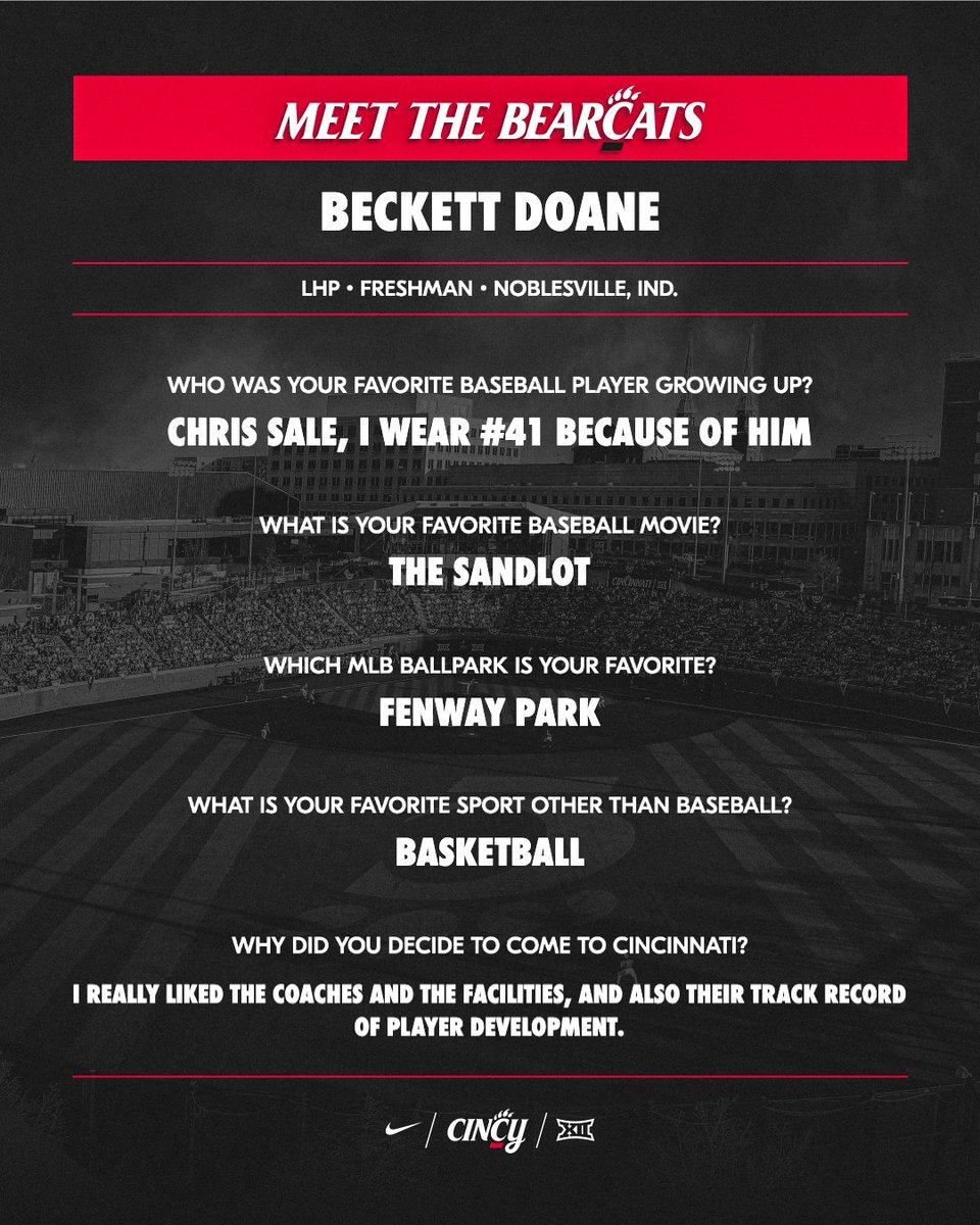 GoBearcatsBASE's tweet photo. Get to know the newcomers!

First up: Freshman LHP Beckett Doane.

#Bearcats | #TenGames https://t.co/H1XLiOcFgw