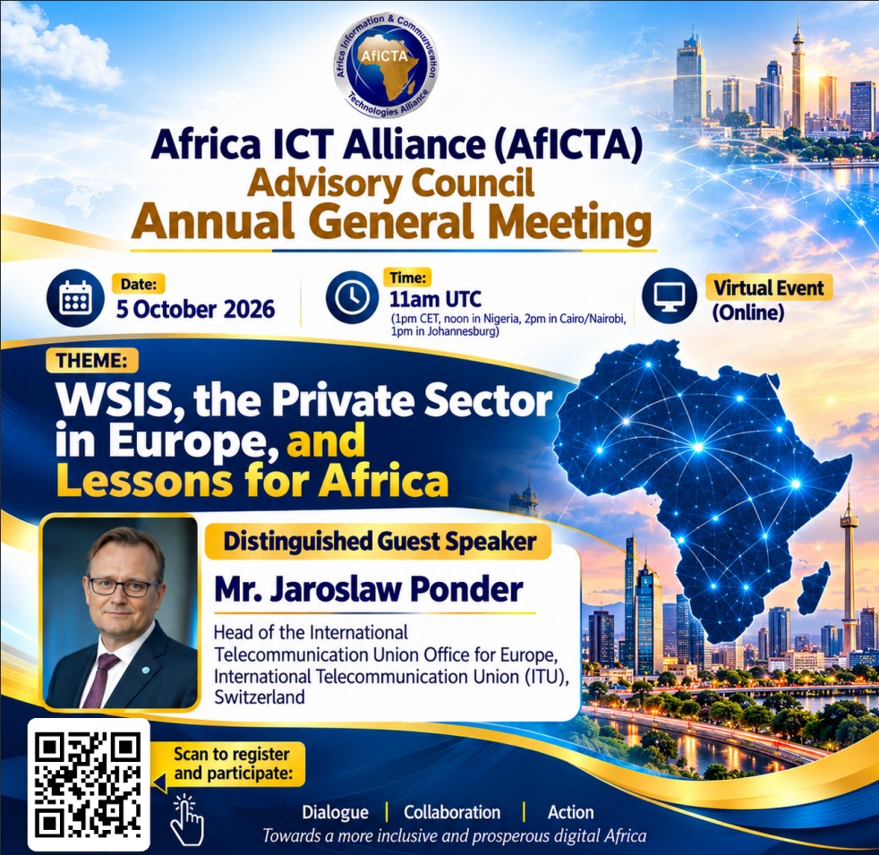 AfICTA's tweet photo. Monday 5 Oct. 11am UTC (noon in Nigeria).

AfICTA Advisory Council AGM, online.

Topic: WSIS, the private sector in Europe, and what Africa can learn.

Guest: @JaroslawPONDER of @ITUEurope.

Register on Zoom: https://t.co/fEiMD2KUdk

#AfICTA #WSIS https://t.co/kvPPnZWvV3