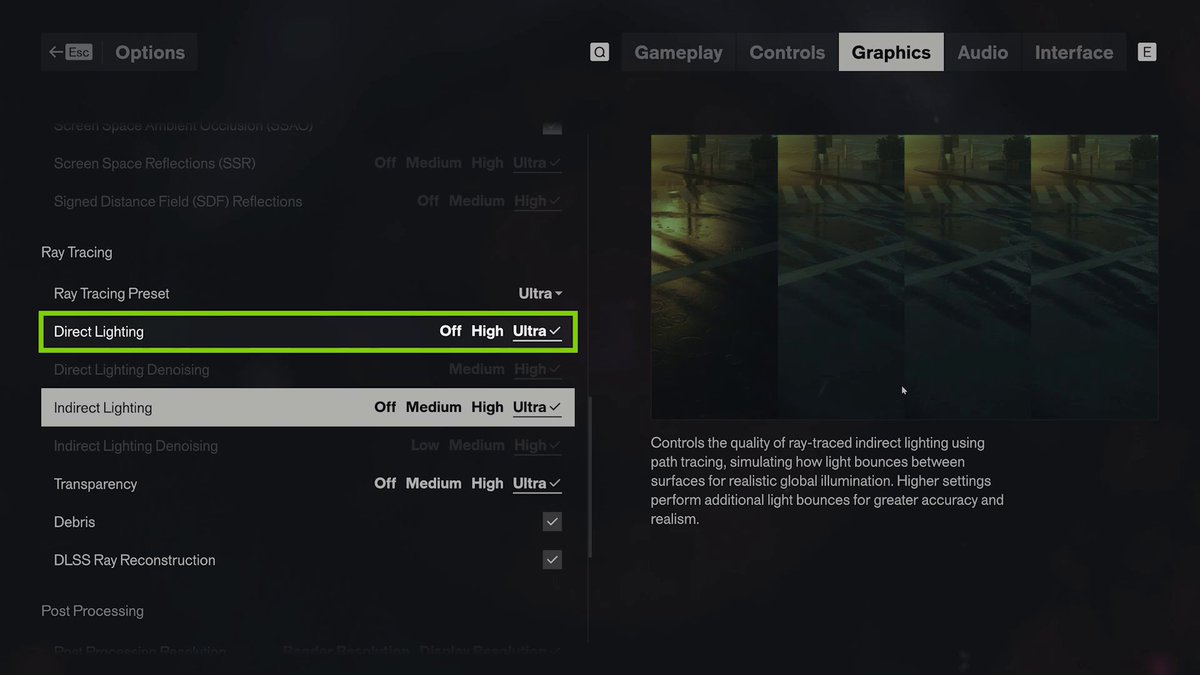 A graphics options menu screen showing ray tracing settings, with "Direct Lighting" highlighted in a green box and set to "Ultra." The menu displays options like Indirect Lighting, Transparency, Debris, and DLSS Ray Reconstruction, relating to a GeForce Game Guide showcasing CONTROL's Resonant update with advanced path tracing and DLSS 4.4 settings.