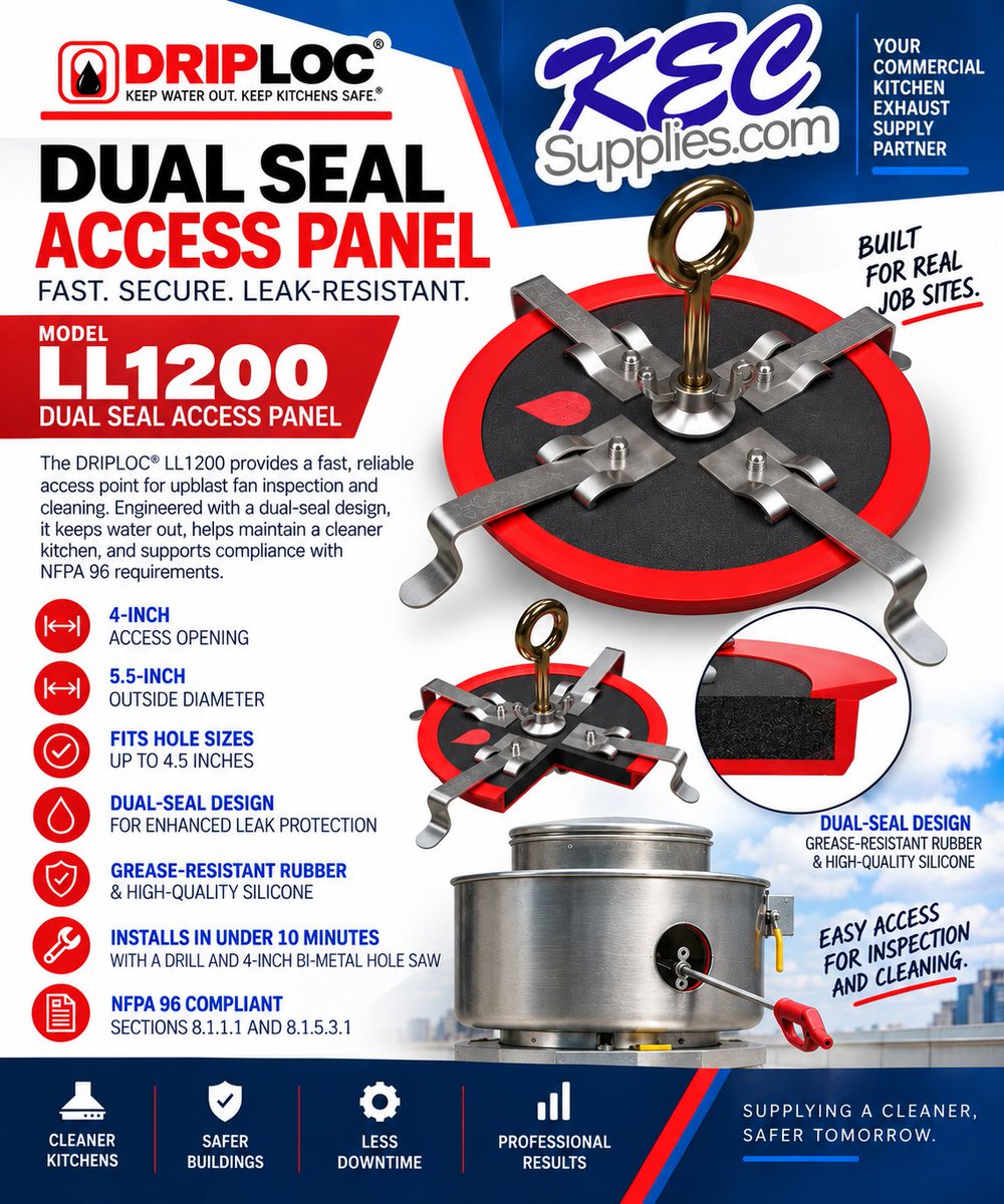 KECSupplies's tweet photo. Make Fan Inspection & Cleaning Easier with DRIPLOC®!
The DRIPLOC LL1200 Dual Seal Access Panel provides fast, reliable access for commercial kitchen exhaust fan inspection and cleaning.
#KECSupplies #DRIPLOC #LL1200 #CommercialKitchen #KitchenExhaust
https://t.co/297uExzejq https://t.co/TQNHabzDYw