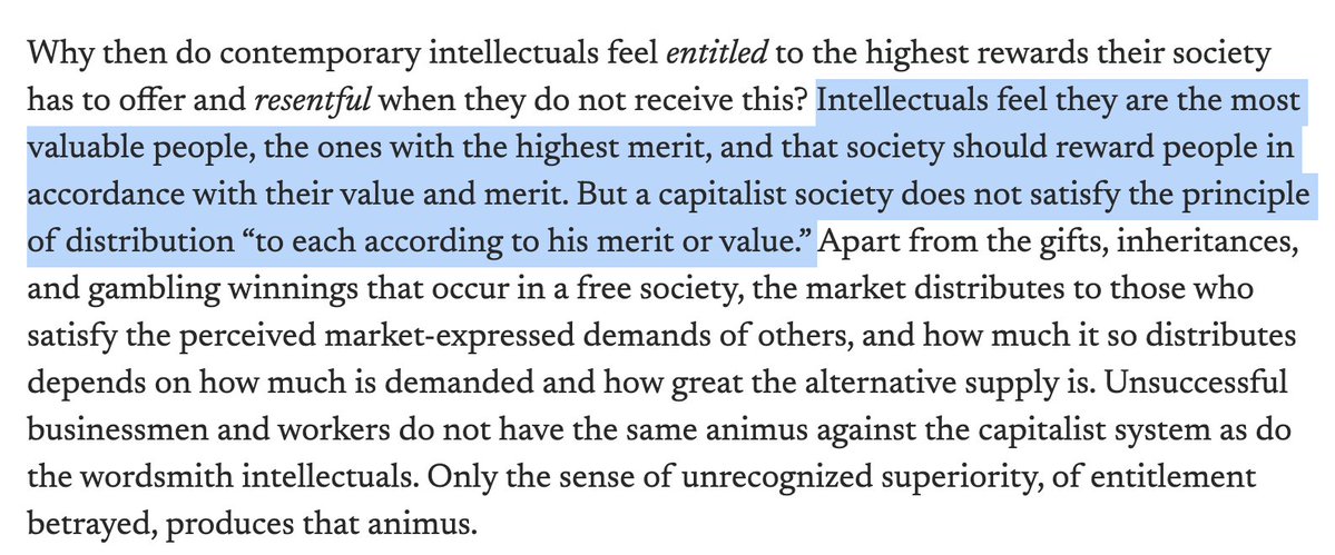 GreenPlusAnE's tweet photo. Robert Nozick explains socialism's attraction to intellectuals: they don't care about the "working class". Rather, they resent capitalists for earning more money than them, despite their apparently inferior merit. They're disappointed meritocrats, not suffering laborers. https://t.co/b12rl8cA0h