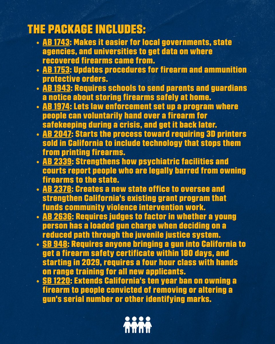 AMarch4OurLives's tweet photo. In an endless cycle of bad news, there's always some good news! This time it's California, where @CAgovernor just signed 10 new gun safety bills into law.

The reforms go after the whole lifecycle of this crisis: keeping firearms away from people who pose a risk, closing the gaps that let unserialized and illegally modified weapons through, and funding the community programs that interrupt violence before it starts.

One bill goes at 3D printed guns from the printer side, screening the design file and refusing the job. It's a framework more than a mandate right now, since the requirement is conditional on an industry standard that doesn't exist yet, but it's the right place to intervene.

California already has the lowest gun death rate in its recorded history. That's what happens when a state treats gun violence like the solvable problem it is, year after year.