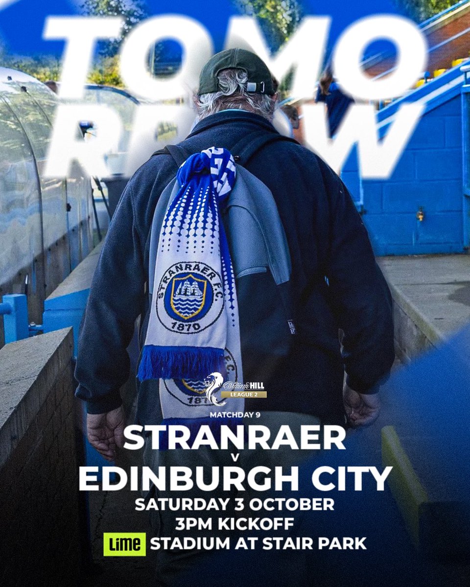 StranraerFC's tweet photo. ➡️ TOMORROW
🗓️ Saturday 3 October
🆚 @EdinburghCityFC 
🏆 @WilliamHill League Two
⏰ 3pm
🏟️ @limedotonline Stadium at Stair Park

💷 Pay at the gate / cash only
👨 Adult £17
👴🏻 Concession (65+) £12
👧 Youth (5 to 16) £6
👶 Under 5s FREE
🍻 Pavilion Bar open to all pre-match
🛒 Club shop open with SFC Merchandise
⚽️ Lochryan 2018s half-time mini game

📱 Live updates on the official Stranraer FC X page
🎯 Goals to follow on Club 1870 Patreon
⚓️ https://t.co/hFx9Sp9qIz
🎥 Highlights on Sunday via the official 
Stranraer FC YouTube channel
▶️ https://t.co/eEtnbAusyU
📺 Livestream not available