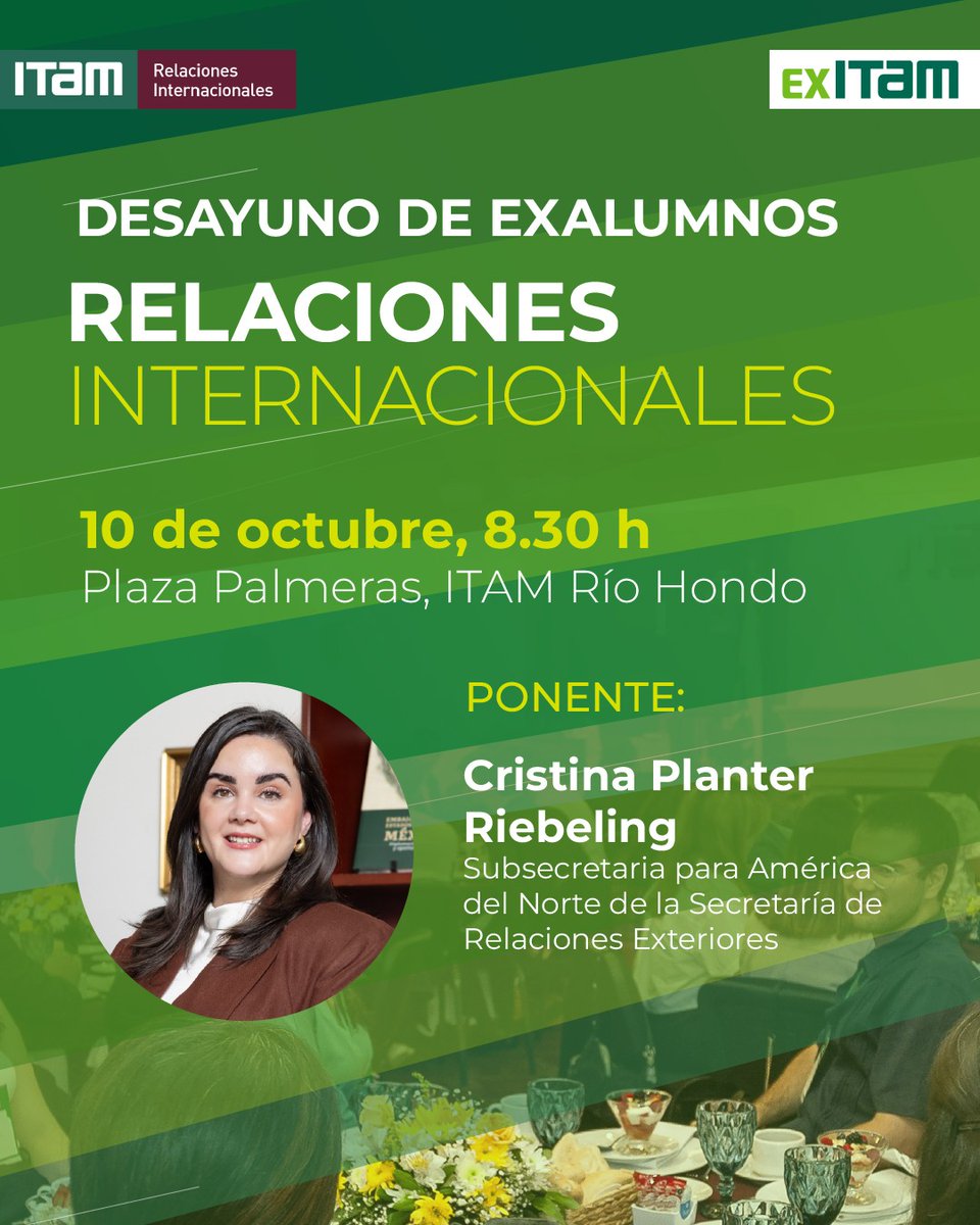 ExITAM's tweet photo. ¡Reencuéntrate con la comunidad de Relaciones Internacionales ITAM! 🌎 Acompáñanos al desayuno de exalumnos este 10 de octubre, a las 8:30 h.

Regístrate: https://t.co/xzxMcC5SRT https://t.co/GPnF1qmgcs