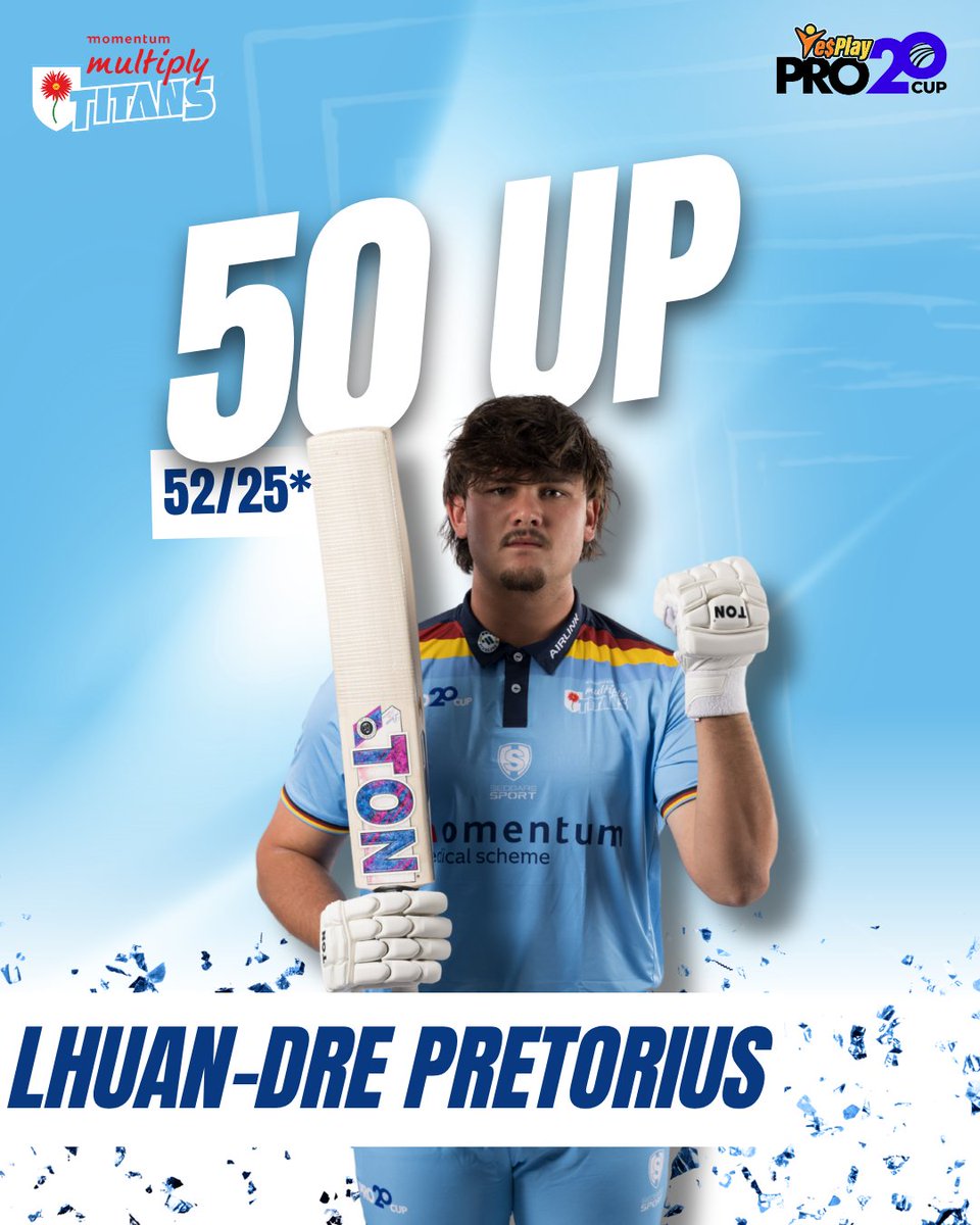 Titans_Cricket's tweet photo. 50 UP FOR LHUAN-DRE PRETORIUS! π₯
A sensational knock from the Sky Blues opener, smashing 52 off just 25 balls. π
The Momentum Multiply Titans are flying at 64/0 after 4 overs.
#MomentumMultiplyTitans #YesPlayPro20 #LhuandrePretorius #SkyBlues #DCSA https://t.co/RL9JHiCN8k