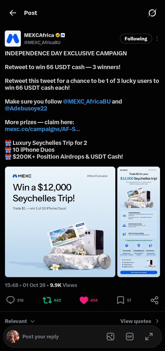 apawaedispill's tweet photo. @MEXC_AfricaBU @Adebusoye22 Happy Independence Day! 🇳🇬
Thank you for this amazing giveaway!
May God bless this opportunity and hopefully I’ll be one of the lucky winners. Good luck everyone! 💚

#MEXC UID : 77318479 https://t.co/4lhtNfHy90