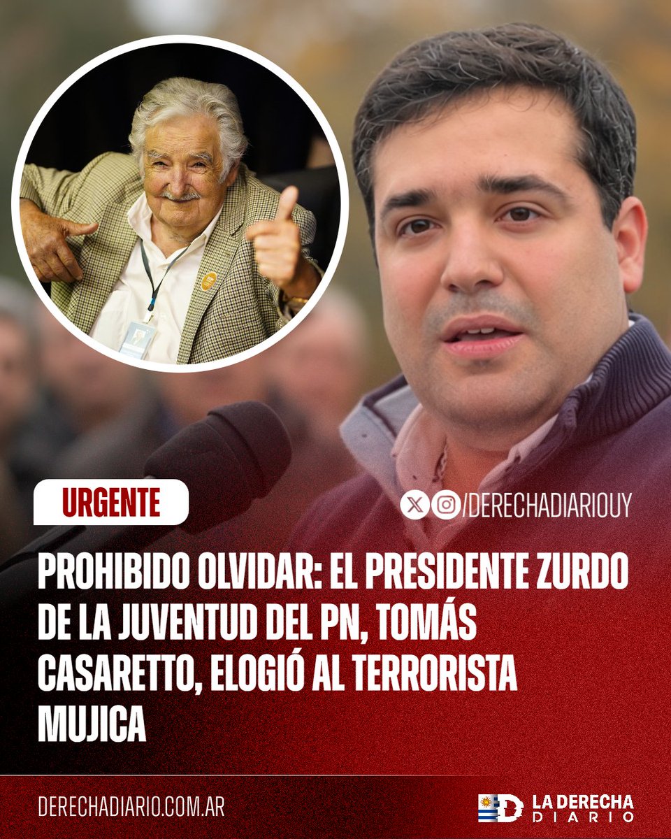 DerechaDiarioUY's tweet photo. 🇺🇾 | BLANCOS ZURDOS: Tomás Casaretto, presidente de la Juventud del Partido Nacional, elogió a José Mujica, el ahora residente del infierno y en el pasado impenitente tupamaro, secuestrador, asaltador de bancos y degenerado fiscal. https://t.co/PtBl0YqNGM