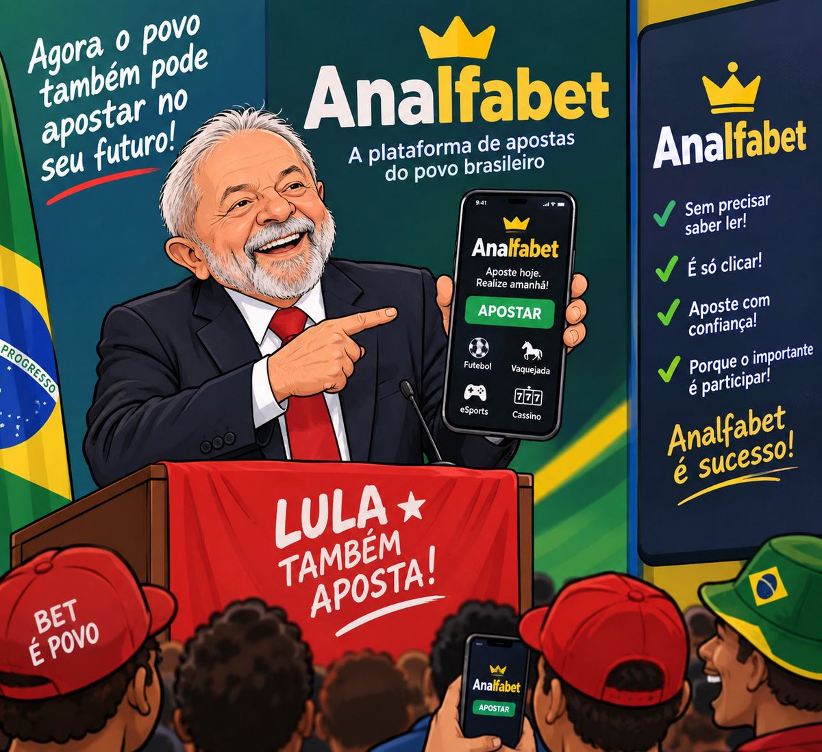 vitormages's tweet photo. Com a abolição das Bets no Brasil, o presidente Lula lança sua própria plataforma de jogos: a Analfabet! https://t.co/zXMsY9KvEH