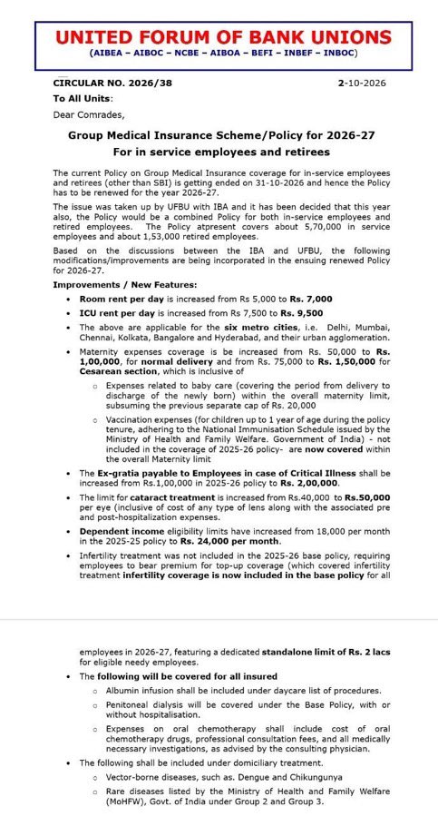 RedSaluteIn's tweet photo. India’s medical inflation is running at roughly 11.5–14% annually. Yet the 2026–27 bank medical policy raises room rent from ₹5,000 to ₹7,000 and ICU from ₹7,500 to ₹9,500. Are these enhancements keeping pace with actual hospital costs? Retirees also need affordable premiums, not just higher limits. #BankersRights