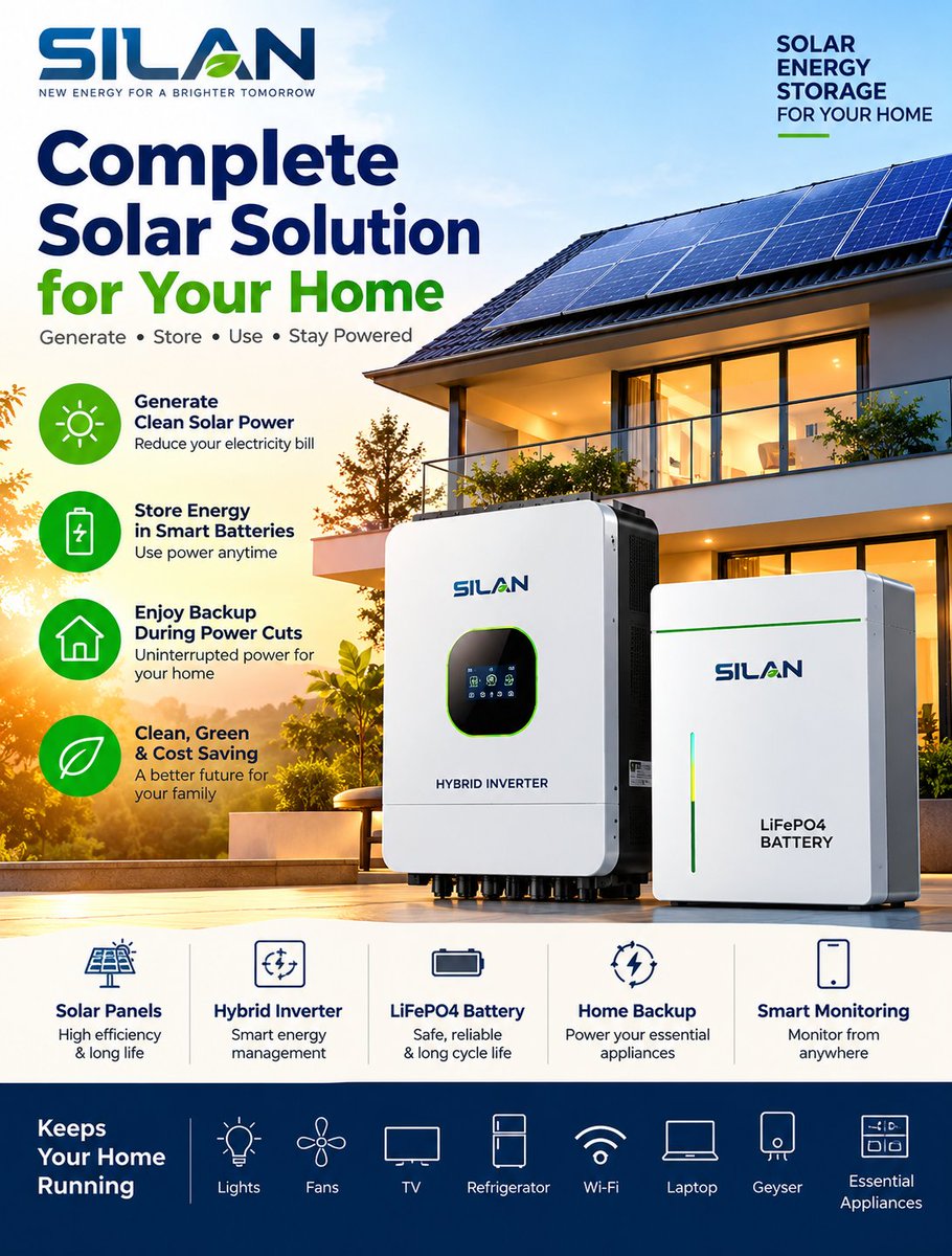 silantech's tweet photo. ☀️ Generate. 🔋 Store. ⚡ Use.

Power your home with SILAN Residential Solar Energy Storage.

✔ Solar Energy Storage
✔ Hybrid Inverter
✔ LiFePO4 Battery
✔ Smart Monitoring
Stay powered, even when the grid goes down.
#SolarEnergy #EnergyStorage #SolarBattery #HomeBackup https://t.co/6Z5kswrAOd