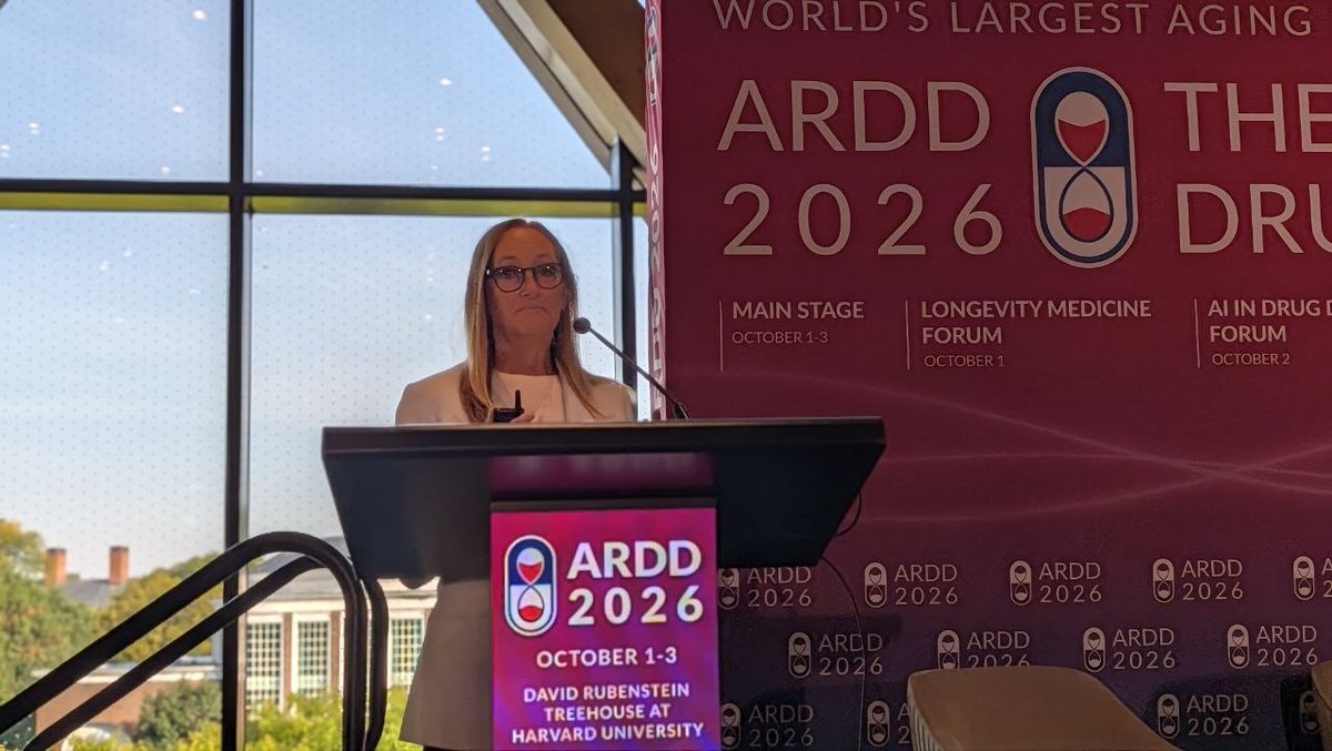 biogerontology's tweet photo. Day 2 of #ARDD2026: Novartis Biomedical Research President Fiona Marshall on aging as the common driver across all major therapeutic areas — not a niche, a framework. https://t.co/J8vdGriSGu https://t.co/bKFDBf8hUy