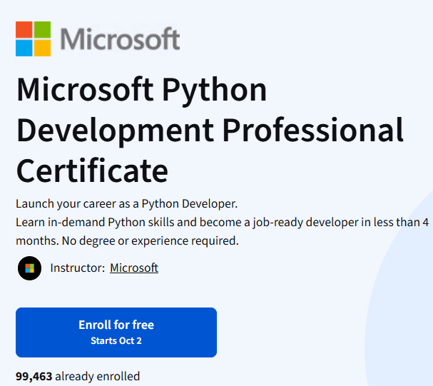 clcoding's tweet photo. Microsoft Python Development Professional Certificate

Want to build stronger Python development skills and learn through a structured professional program?

This certificate covers practical Python development concepts and can be a useful resource for learners looking to strengthen their programming foundation and move toward real-world development.

 Learn Python
 Build development skills
 Follow a structured learning path
 Practice with real-world concepts
 Strengthen your developer portfolio

🔗 Check out the full details here:
https://t.co/IgTzAC5P7Y