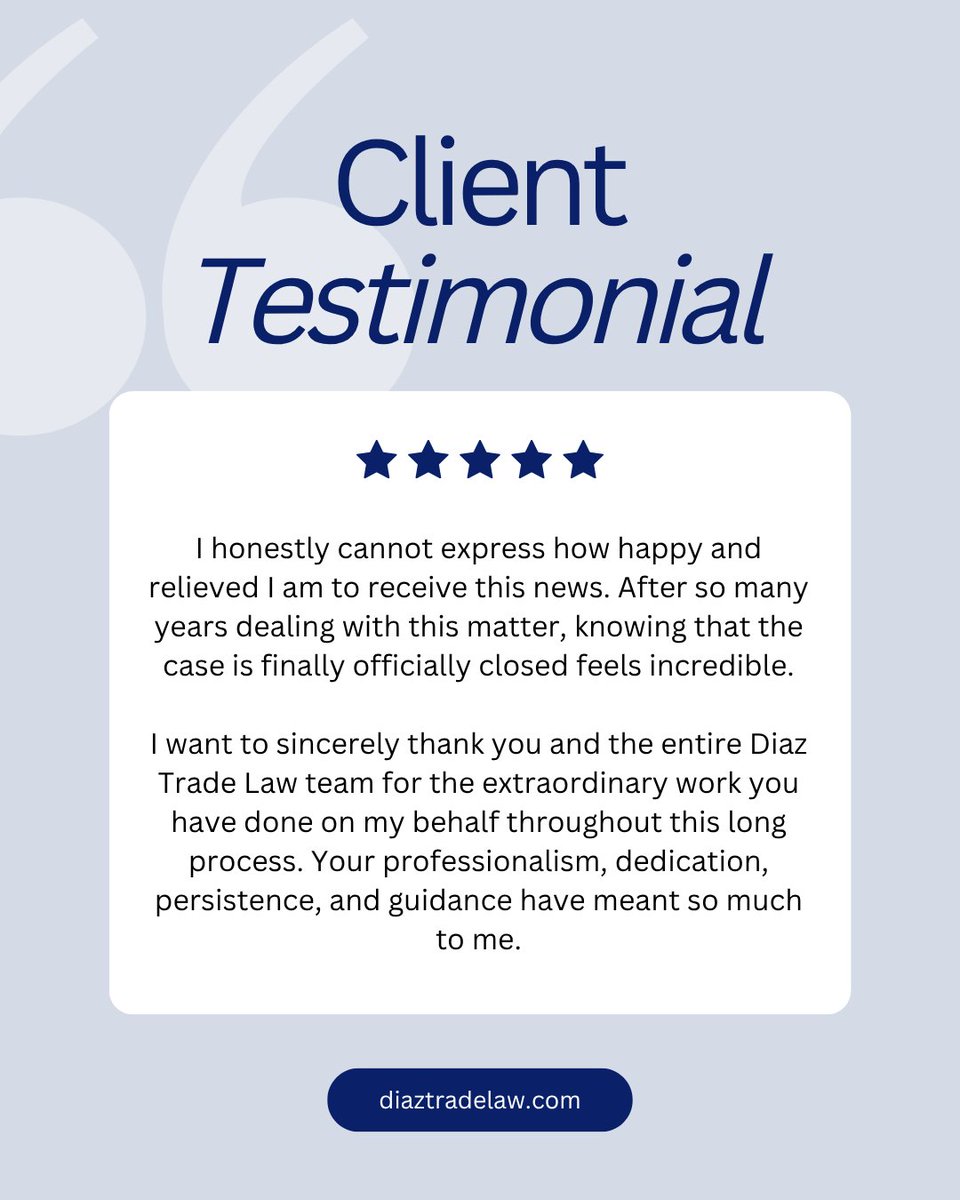 DiazTradeLaw's tweet photo. Very kind words from one of our clients. Every trade challenge is different, but our goal is always the same: to provide practical guidance and help them move forward with confidence. 
 
#tradelaw #tradelawyer #internationaltrade #yourcustomsexpert https://t.co/InDbueOa5T
