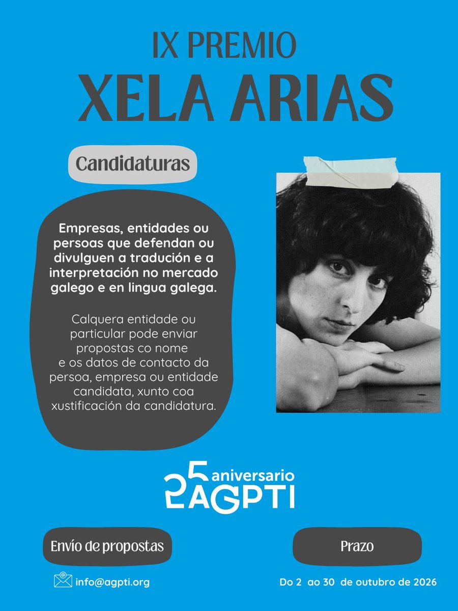 agpti's tweet photo. 📣 Convocatoria do IX Premio Xela Arias

Como ramo á semana do Día Internacional da Tradución, abrimos o prazo de recepción de candidaturas para a nova edición do Premio Xela Arias, que estará aberto ata o venres 30 de outubro. https://t.co/bYeeZ1Oedg