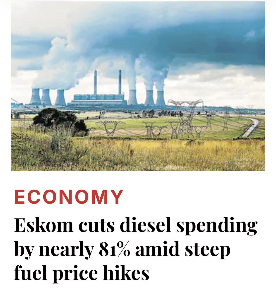 wayneduv's tweet photo. I must say. I find this headline rather confusing. “Eskom cuts diesel spend by 81% amid steep fuel price hikes”. Surely it should read “Eskom cuts diesel spend by 81% due to no need for diesel spend on OCGT, because of excess power availability from coal fired plants, now that load shedding is over”
