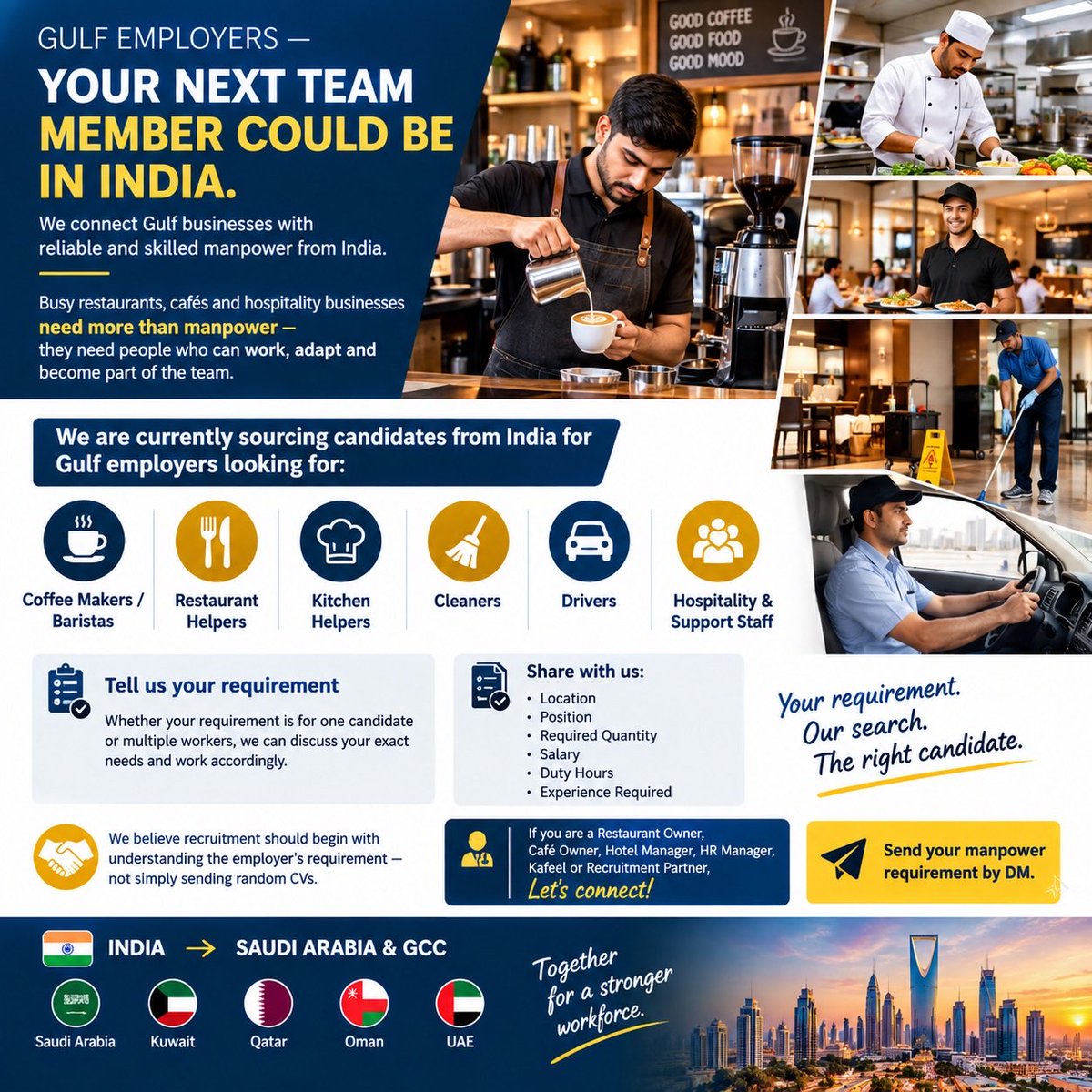 requierment's tweet photo. ู
ูุชุจ ุงูุงุณุชูุฏุงู
ุนู
ุงูุฉ ู
ู ุงูููุฏ ๐ฎ๐ณ
Gulf Employers_ Your next Team Member Could Be In India.๐ฎ๐ณ
We connect Gulf businesses with reliable and skilled Manpower from India.
#Saudi #Qatar #Kuwait #Oman #Dubai
#Recruitment #Manpower #Riyadh #Hospitalityworkers #RestaurantHelpers https://t.co/1eoyDEEZiG