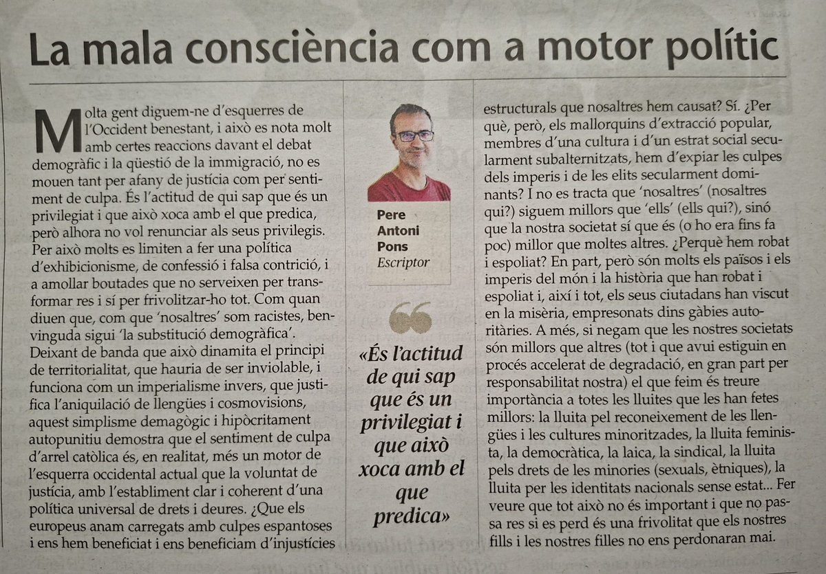PonsPereAntoni's tweet photo. Molta gent d’esquerres de l’Occident benestant es mou menys per afany de justícia que per sentiment de culpa. És l'actitud de qui sap que és un privilegiat i que això xoca amb el que predica, però alhora no vol renunciar als seus privilegis. Lo d'avui a l'UH. https://t.co/hNu6FIGUdB
