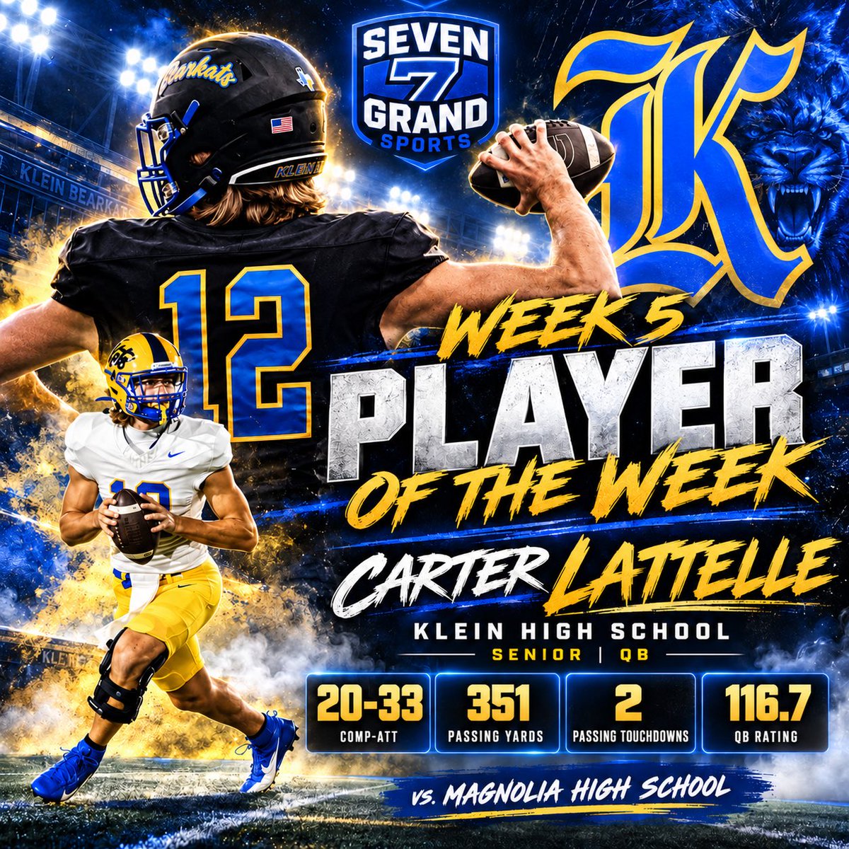 SevenGrandSport's tweet photo. 🏆🔥 7 Grand Sports Week 5 POTW — Carter Lattelle

The 6’2”, 195 lb Klein senior QB put on a clinic vs Magnolia 🎯

🚀 351 passing yards
🔥 2 TDs
📈 116.7 QB rating

Smart, accurate, mobile, and a true leader. D1 coaches need to know the name. 👀📞

#7GrandSports #TXHSFB #D1 https://t.co/lKnUBos8Xn