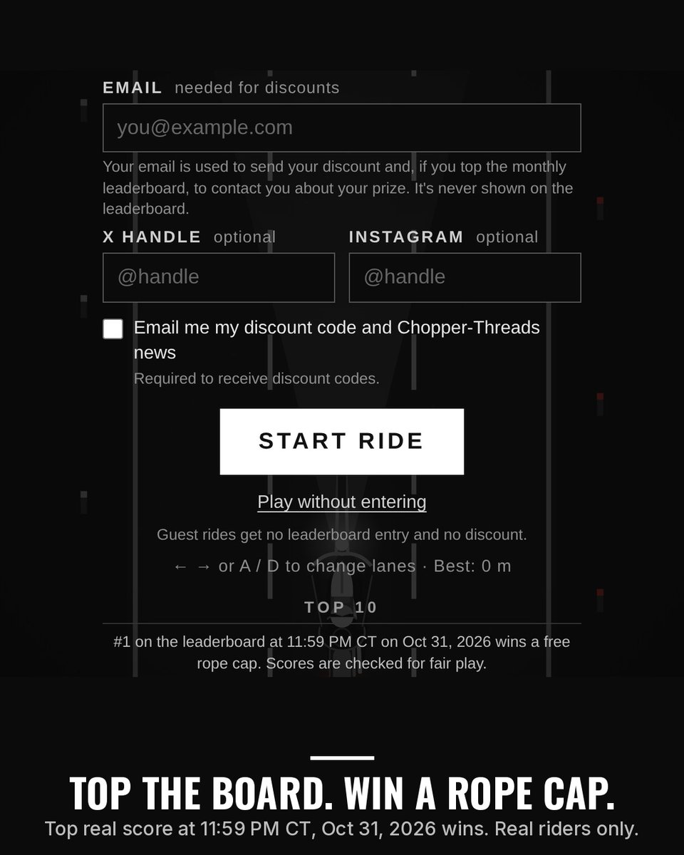 Chopper_Threads's tweet photo. NIGHT RUN leveled up: every level you beat = +5% off, up to 30%.

L1 1,000 m = 5% … L6 6,000 m = 30%. Level 6 is HARD. Who's taking 30%?

Top real score by 11:59 PM CT Oct 31 wins a free Chopper_Threads rope cap.

Play: https://t.co/8vLyllasYY
Rules in reply. https://t.co/zhsHg4dnoV
