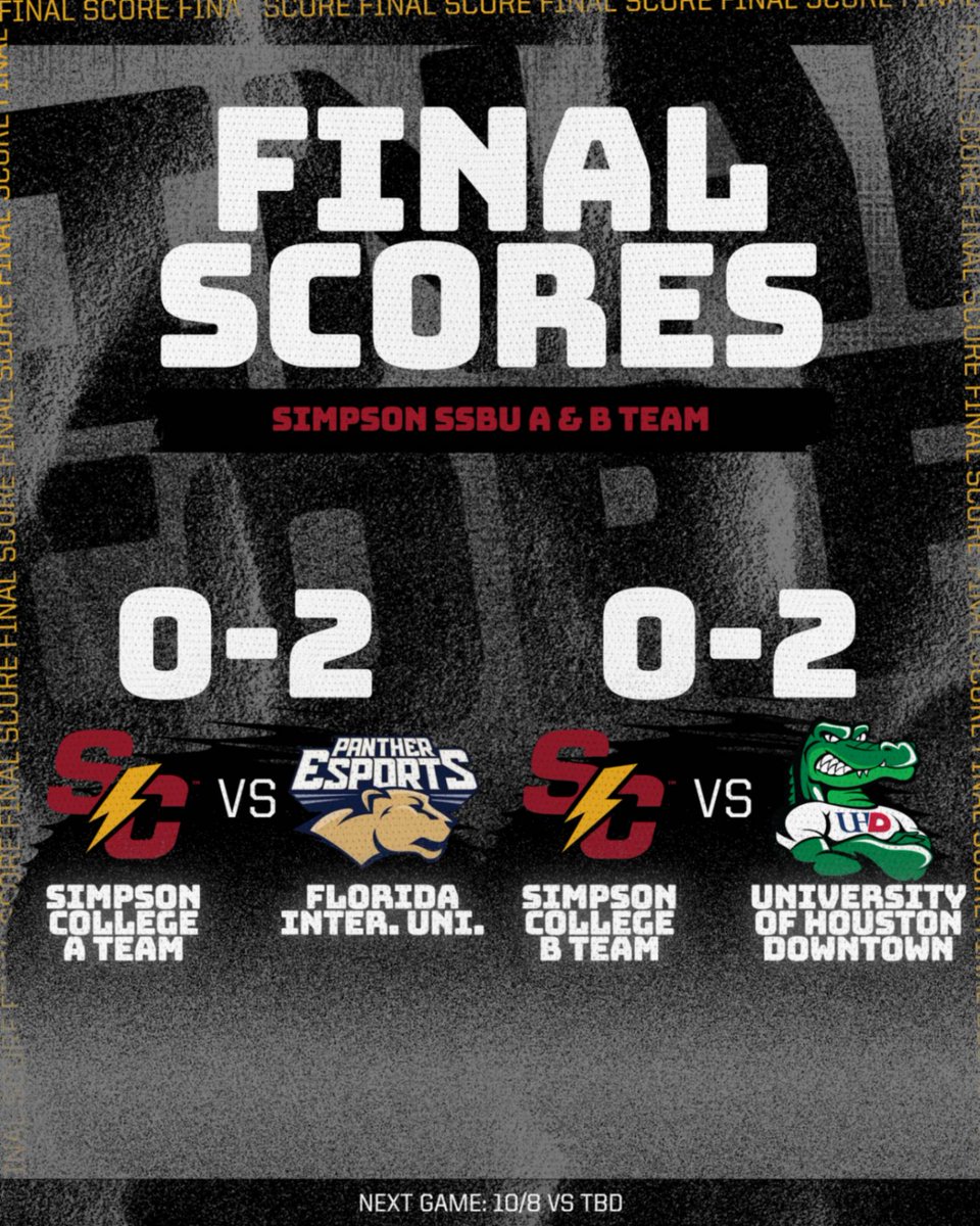 SimpsonEsports's tweet photo. ⚡FINAL Scores for SSBU A & B Last Night⚡
Tough loss for the teams, but we will bounce back next week. Tune into the twitch for future games.
#SSBU #simpsoncollege https://t.co/gm0IY0VOVB