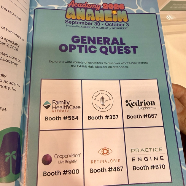 aaopt's tweet photo. The clock is ticking on Optic Quest at #Academy26!

There’s still time to complete the quest, but don’t wait—get those submissions to the Academy Booth (325) in by 2:00 PM TODAY!

And there’s a BIG reason to finish: one winner will receive a comped registration for next year’s Academy 2027 San Antonio!

Finish the hunt, submit your answers, and make sure you’re in before the deadline.

#Academy26 #Optometry #Fellows #VisionScience