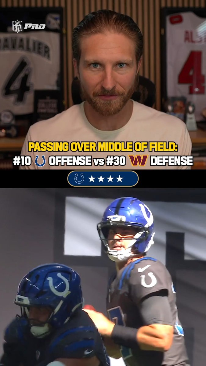 The image shows an NFL analyst discussing the Colts vs. Commanders matchup, with on-screen text highlighting the Colts' #10 offense facing the Commanders' #30 defense in passing situations over the middle of the field, earning a 4-star matchup advantage rating. Below the graphic, Colts quarterback Daniel Jones (in blue helmet and jersey) is shown alongside a teammate, illustrating the offensive focus of this preview ahead of Sunday's 9:30am ET game on NFL Network.