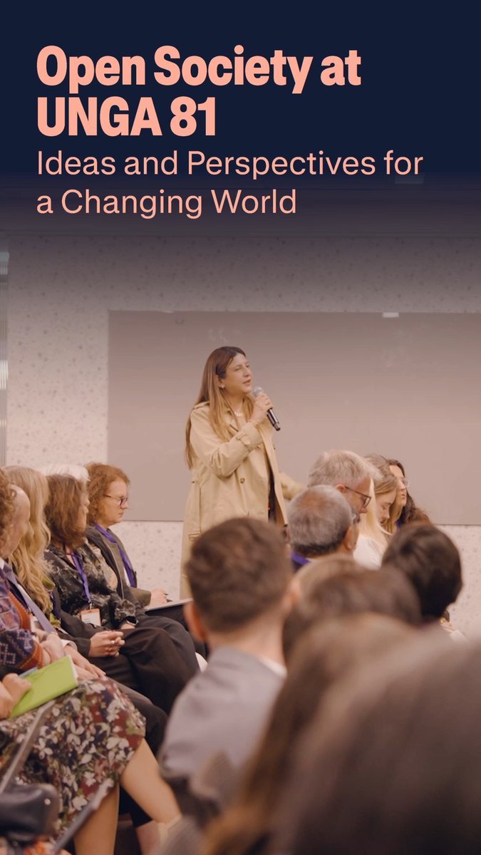 A woman in a beige trench coat speaks into a microphone at an Open Society panel discussion titled "Open Society at UNGA 81: Ideas and Perspectives for a Changing World," addressing a seated audience of world leaders and decision-makers gathered during the UN General Assembly. The event visualizes the post's call for dialogue on Global South leadership, human rights in the AI era, and geopolitical shifts.