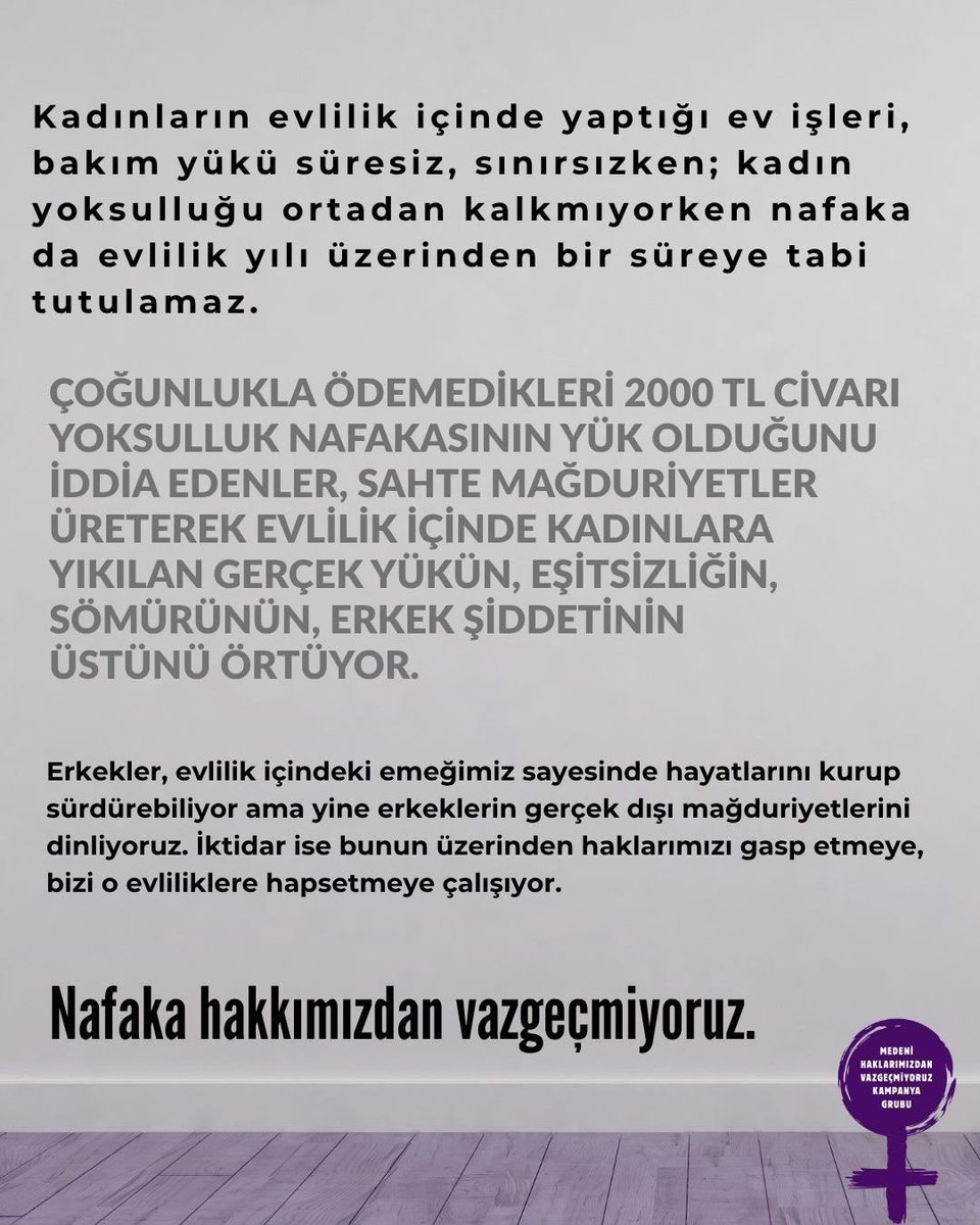 aralikfeminist3's tweet photo. Erkekler, evlilik içindeki emeğimiz sayesinde hayatlarını kurup sürdürebiliyor ama yine erkeklerin gerçek dışı mağduriyetlerini dinliyoruz. İktidar ise bunun üzerinden haklarımızı gasp etmeye, bizi o evliliklere hapsetmeye çalışıyor.

Nafaka hakkımızdan vazgeçmiyoruz. https://t.co/7dP1l4KIXv