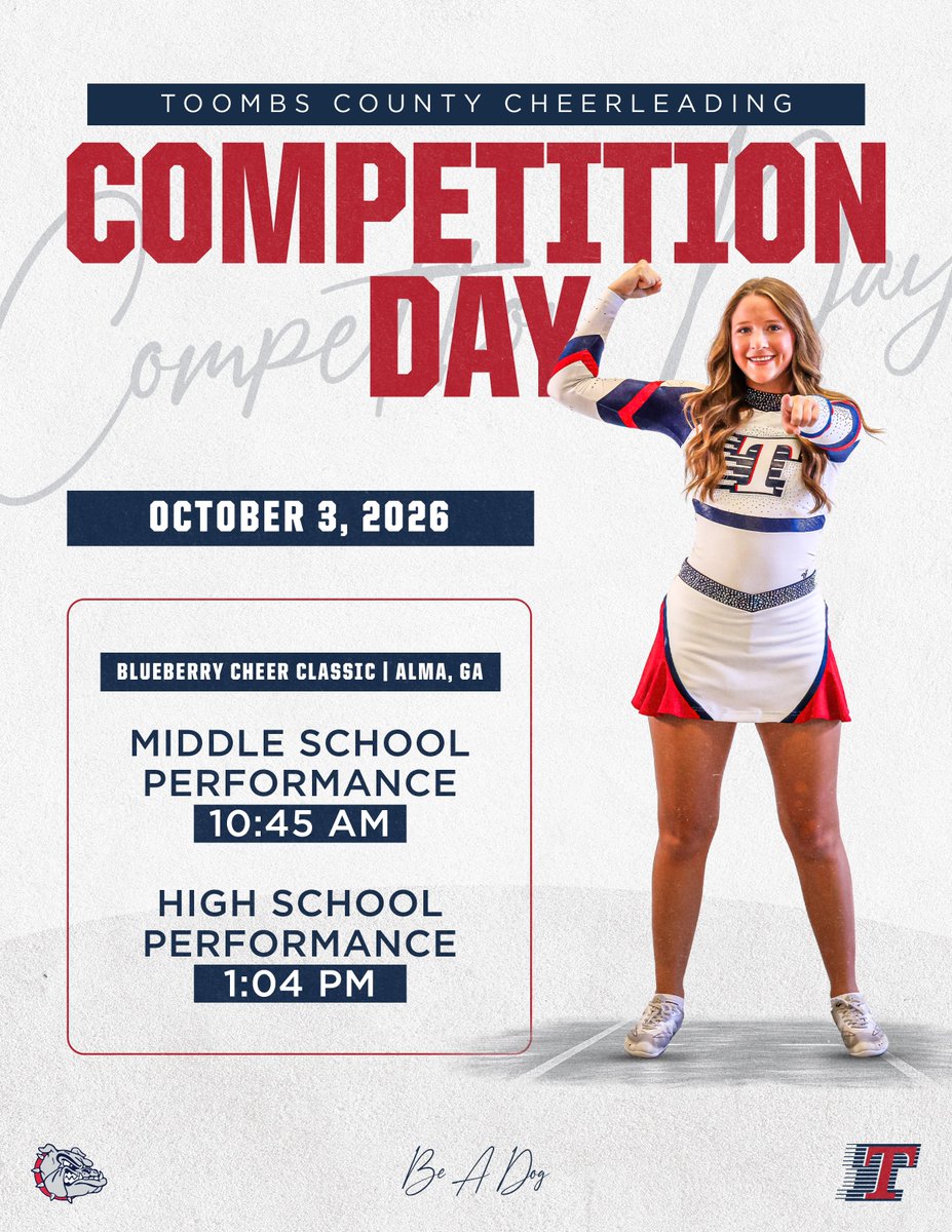 ToombsDogs's tweet photo. SATURDAY'S CHEER 🐾 COMPETITION INFORMATION:
📍Bacon County High School | Alma, GA| Blueberry Cheer Classic
⏰ MS Performance: 10:45 AM | HS Performance: 1:04 PM
🎟 https://t.co/G5oqvhE360
Presented by Woody Folsom Automotive
#GoDOGS #BeADOG #BAD https://t.co/kDgRKWDXqA