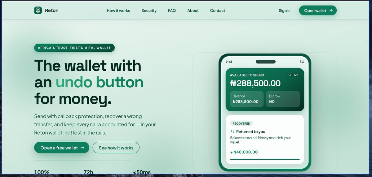 0xrotense's tweet photo. An open letter to @mreazi

Dear Mr Eazi,

My name is Gabriel Rotimi Mogaji known as Rotense. I am a software architect from Lagos, and I am writing to you as one builder to another.

You have put your own money behind African companies, including the rails people use to move money. That is why I am bringing Reton to you (https://t.co/7UR8w8EfZl).

I founded it because ordinary Nigerians lose money to a wrong transfer or a scam and then have nowhere to turn. Reton is a wallet with a safety net. A payment can sit in escrow. A mistaken transfer can be recalled. Fraud checks run before a kobo settles. The rail underneath is not ours to reinvent. Interswitch is the payments partner. Reton is the wallet.

Here is where it stands. The product is built. The company is registered. Interswitch has approved Reton for payment access. People who have seen it say they want it. What is left is the cost of going live without announcing a launch and then stalling it.

We need ₦25 million to release the mobile app and cover the infrastructure that has to be running before the first real naira moves: release, servers, payment operations, compliance, and the first months of keeping it up. This is not a round. It is the cost of opening properly.

The work is already public:

• Interswitch featured me on their official YouTube channel, teaching developers how to integrate their payment gateway: https://t.co/NF9xwriejo. This week their developer community also published my case study on building Reton’s bill payments on Interswitch: https://t.co/i9hy62jkLd

• I am a 2019 HubSpot International Challenge winner, with awards from Microsoft and the Python Software Foundation.

• A past client put his trust in a notarised guarantee of my character and delivery. I am glad to share that, with the product and the books.

If you back it, every naira will be accounted for, and you will get regular updates. I can send a one-page breakdown before a kobo moves. As we grow, the money also means jobs for young Nigerian developers.

Ten minutes of your time would mean a great deal. Thank you for reading, and for building in public in a way other founders can follow.

With respect,
Gabriel Rotimi Mogaji
Founder & C T.O, Reton

Project URL: https://t.co/IopdnJBk0C

My Profile:  https://t.co/Xn5QvL18Mk