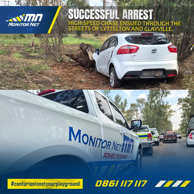 Security members were alerted by vigilant community members shortly after the incident. The detailed information received allowed responding members to quickly identify the suspected vehicle, which was spotted a short while later.
A high-speed pursuit followed through the streets of Lyttelton, continuing towards the Clayville area. The suspects subsequently crashed the vehicle and attempted to flee on foot. Officers reacted swiftly, pursuing the suspects and successfully detaining both individuals.
The suspects were found in possession of items believed to be stolen, as well as a vehicle reported as stolen. An investigation is currently underway, with authorities working to establish whether the suspects can be linked to additional cases across Gauteng.
Monitor Net commends the vigilant community members, security personnel and law enforcement officers involved in the successful response.