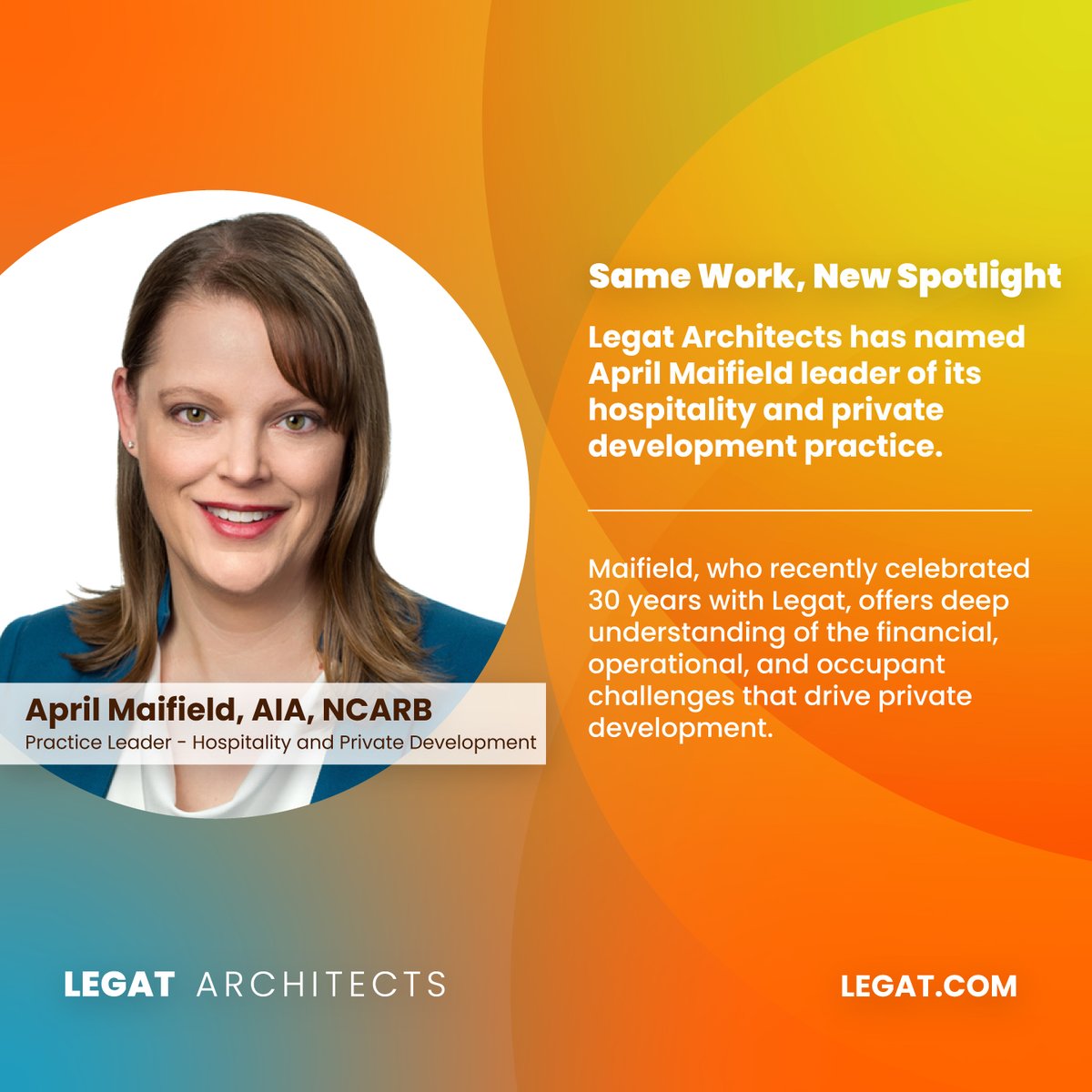 Legat_Architect's tweet photo. Congratulations to April Maifield, the newly appointed leader of Legat’s Hospitality and Private Development practice. Learn more: https://t.co/7cgUZBzUf2
#Architecture #HospitalityDesign #MultifamilyDesign #MixedUseDevelopment #CommercialDesign #PrivateDevelopment https://t.co/L1PVdMzAU5