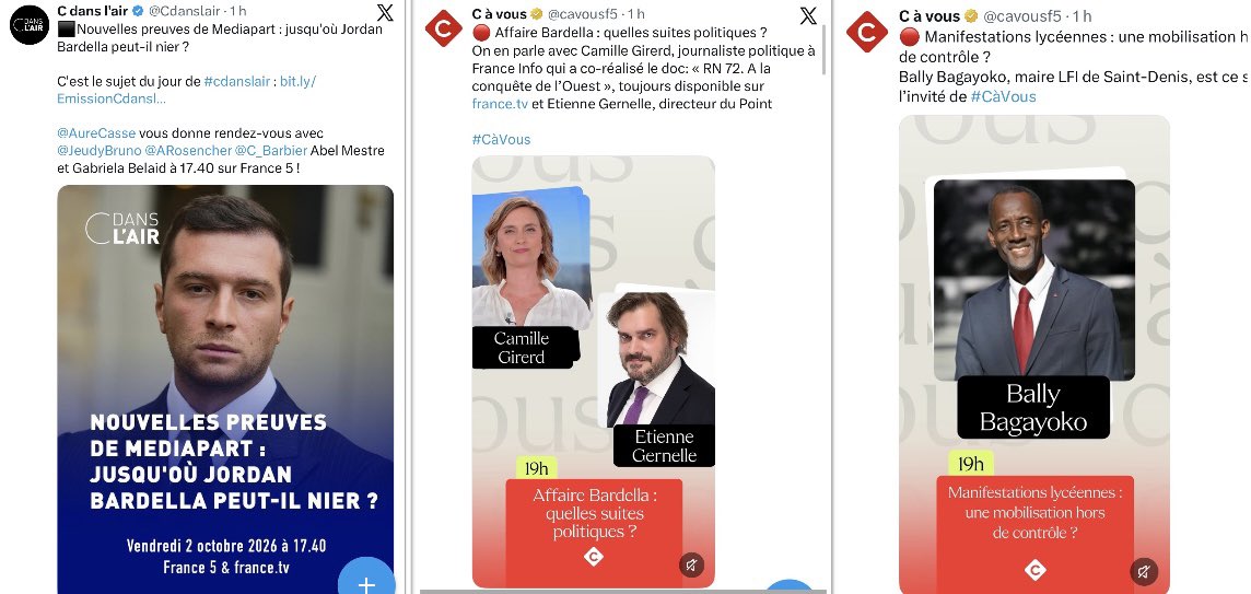 DestinationTele's tweet photo. 💥 SCANDALE SERVICE PUBLIC !
Alors que le pays est plongé dans le chaos, France 5 consacre "C dans l Air" et "C à Vous" à… Jordan Bardella, puis reçoit Bally Bagayoko

Ces 2 émissions sont produites par Matthieu Pigasse et Xavier Niel !

Rigolez pas c’est avec votre pognon ! https://t.co/7ErqERqH92