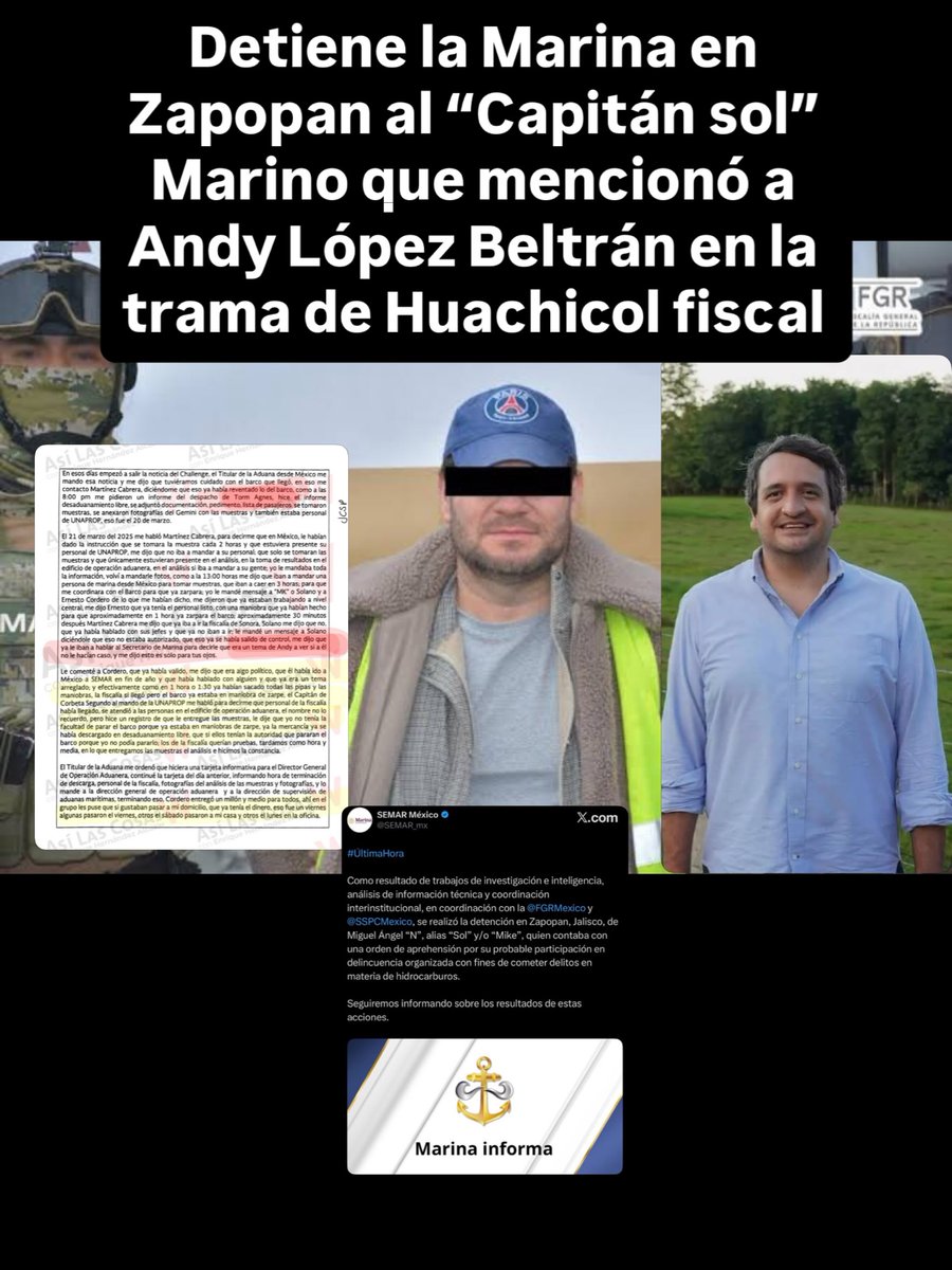 RenataFierromx's tweet photo. Detuvieron en Zapopan al “Capitán Sol”, señalado por huachicol. Es el mismo que dijo que los buques con combustible ilegal eran “un tema de Andy” López Beltrán.

El caso vuelve a tocar al hijo de AMLO. ¿Y Morena? ,¿la FGR? calladitos. https://t.co/HVfq4nlILz